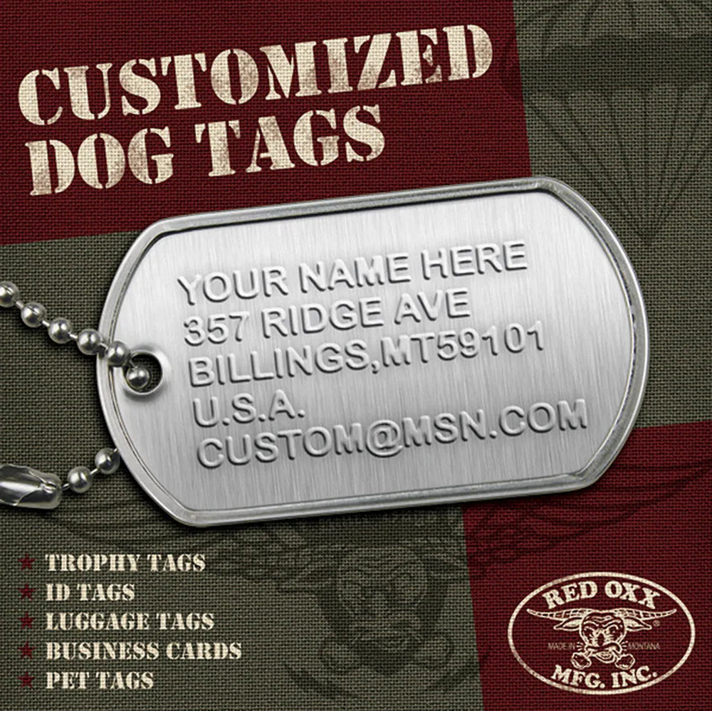 customized dog tags great for trophy tags,ID tags, Luggage Tags,Business Cards,Pet tags
