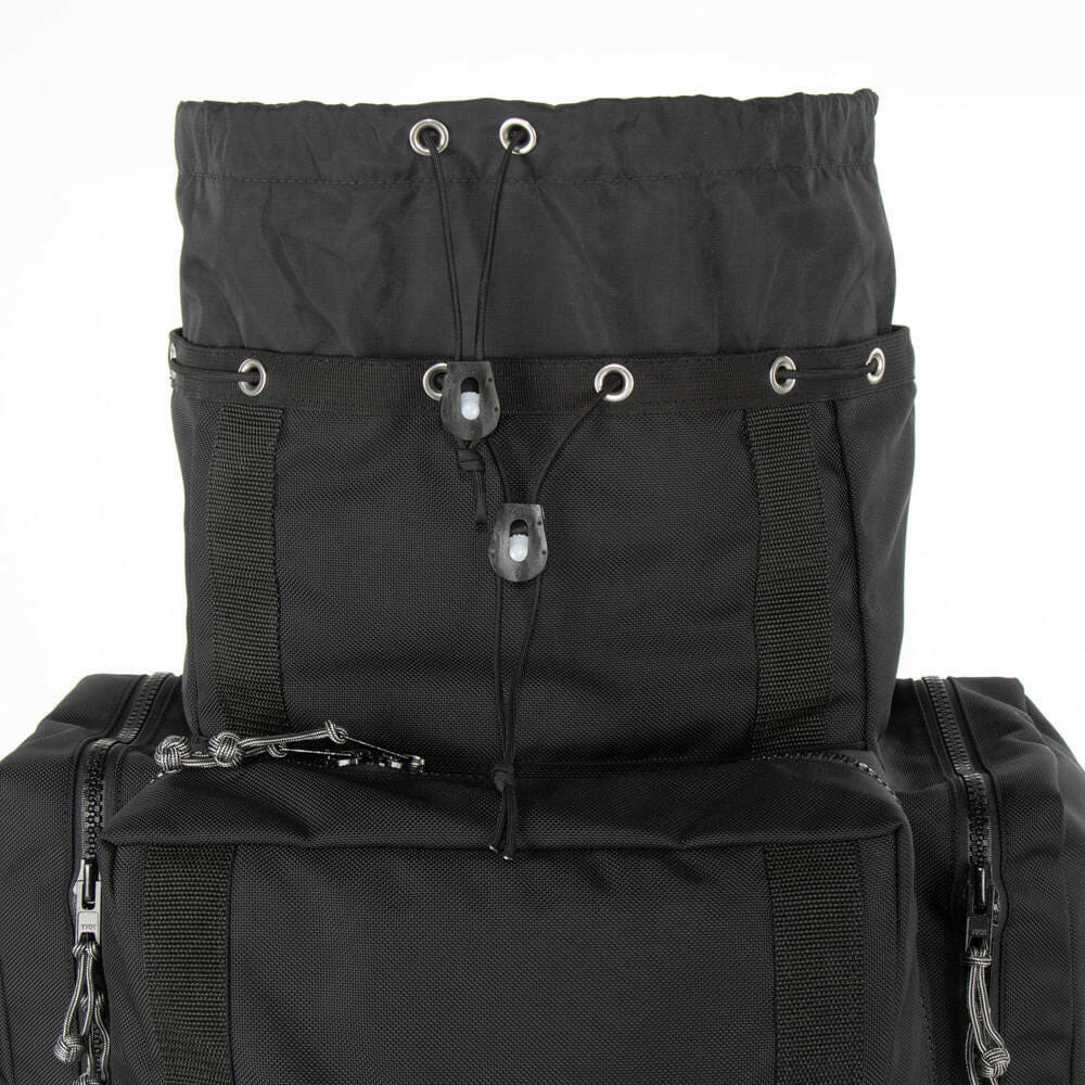 Railroad Rucksack Backpack in Black. Dust collar extended on Rail King Rucksack