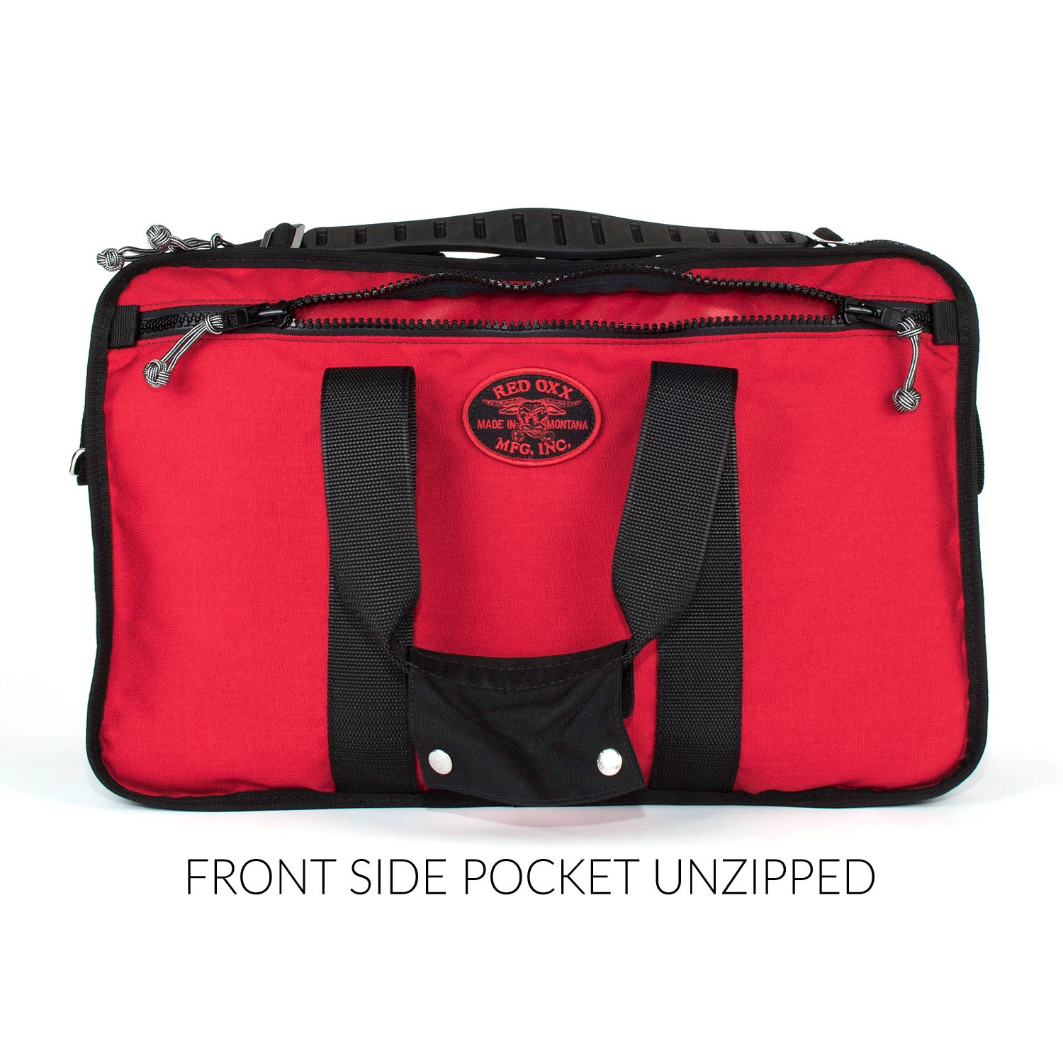 Front side pocket with logo unzipped.