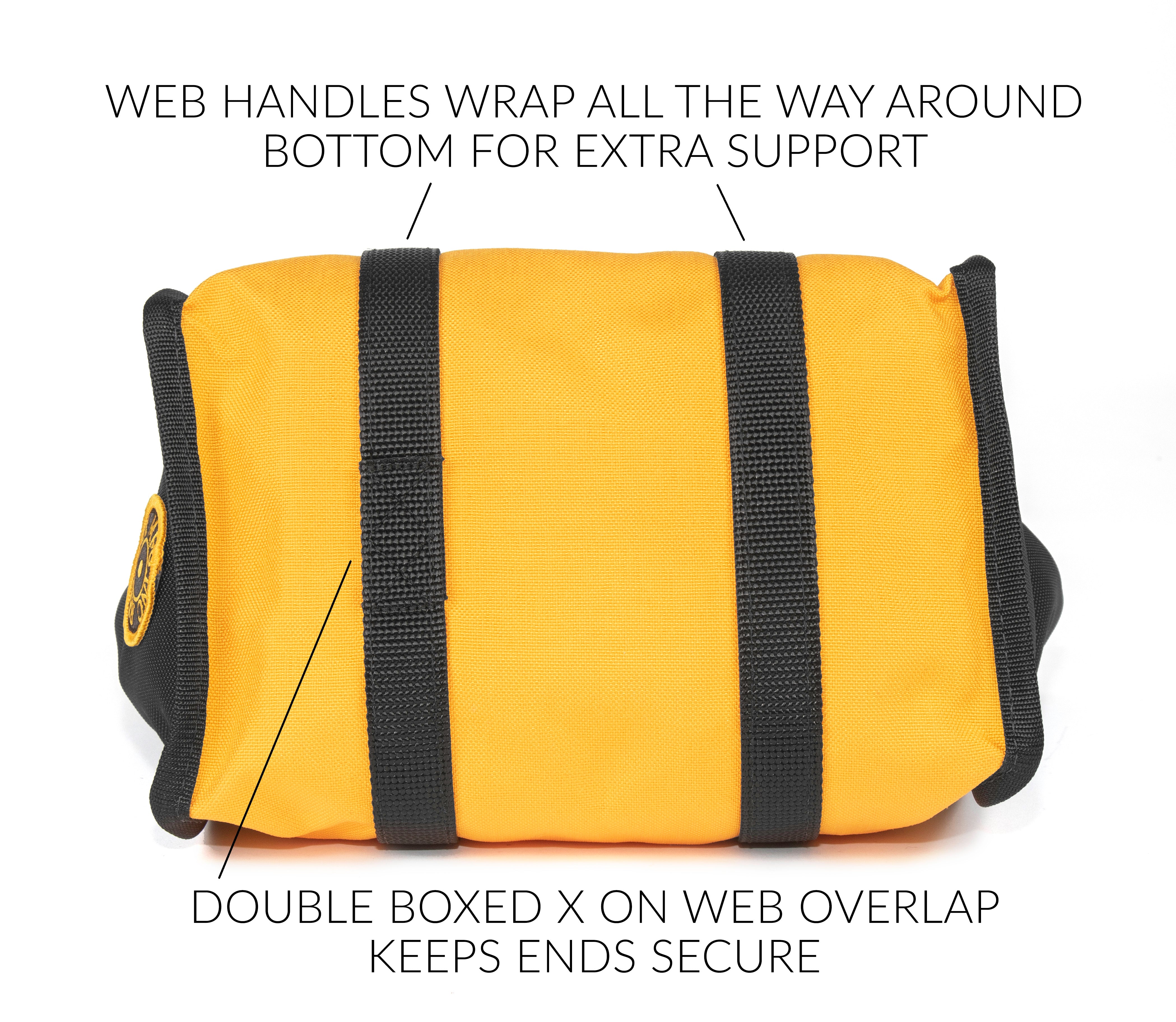 Web handles wrap all the way around bottom for extra support.  Double Boxed X on web overlap keeps ends secure. 