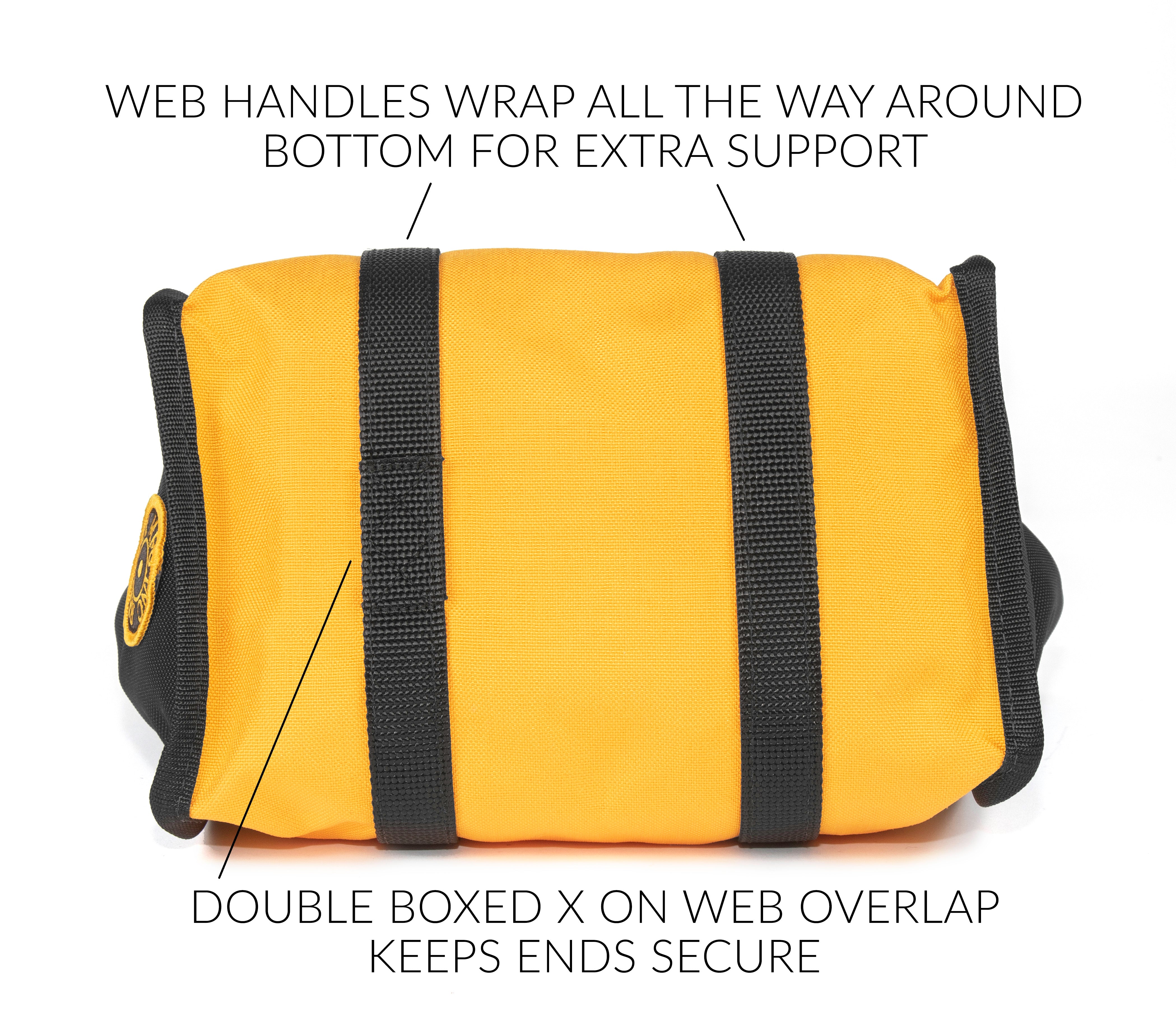 Web handles wrap all the way around bottom for extra support. Double Boxed X on web overlap keeps ends - Farmer's Market Nylon tote bag secure.
