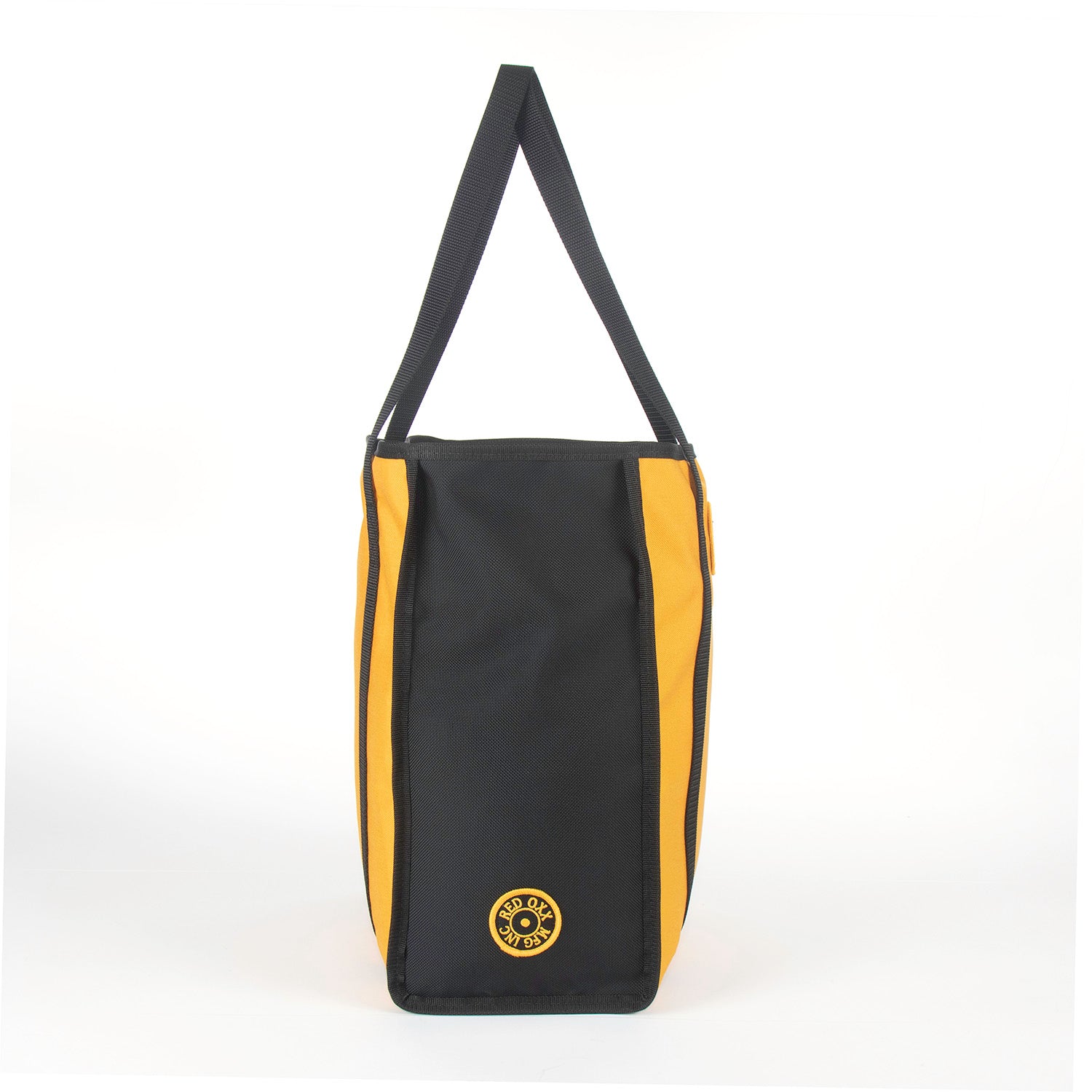 End view of the Red Oxx market tote featuring black ballistic nylon end - Farmer's Market Nylon tote bag gussets.