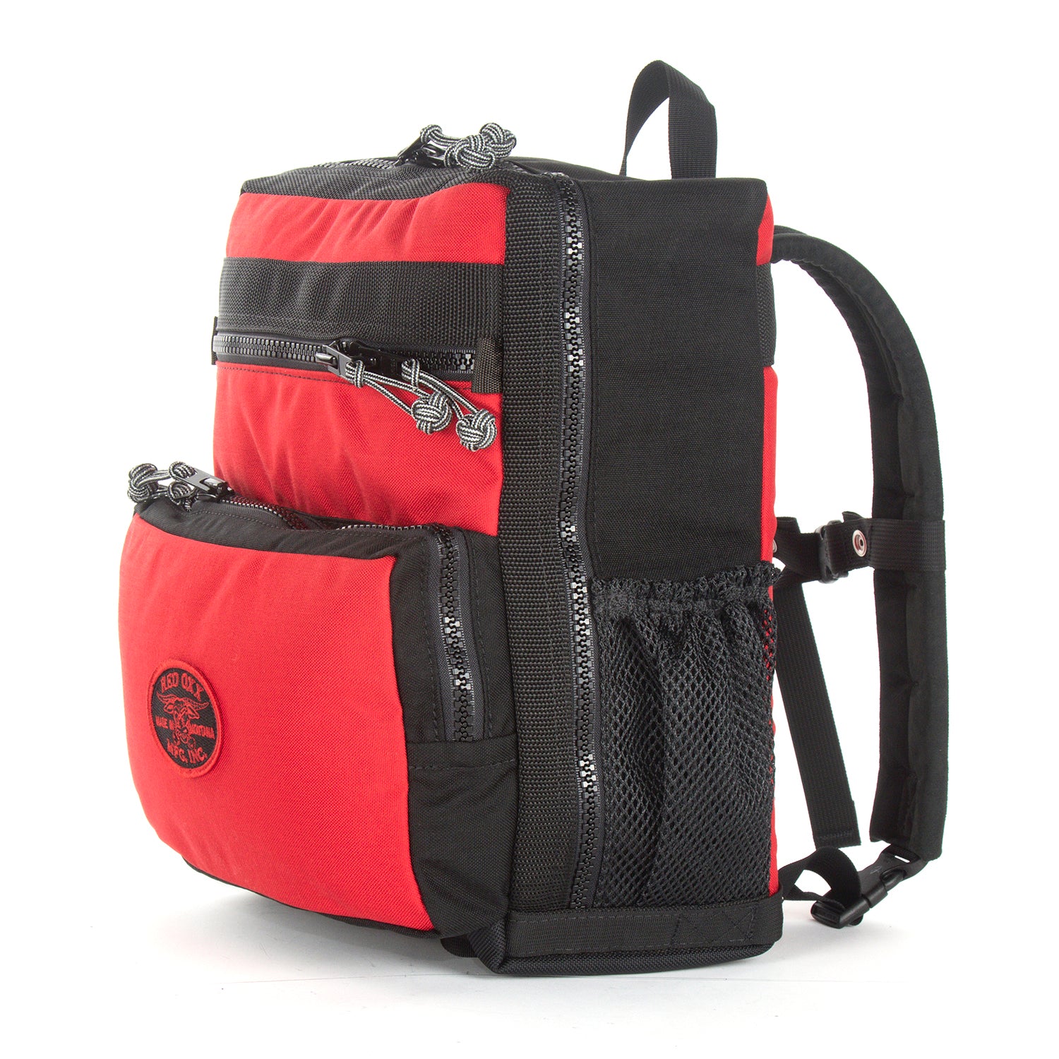 Front right view with mesh water bottle pocket detail.
