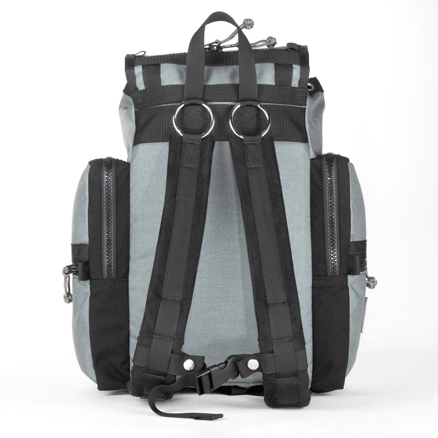 Mini ruck back view of shoulder straps and O rings.