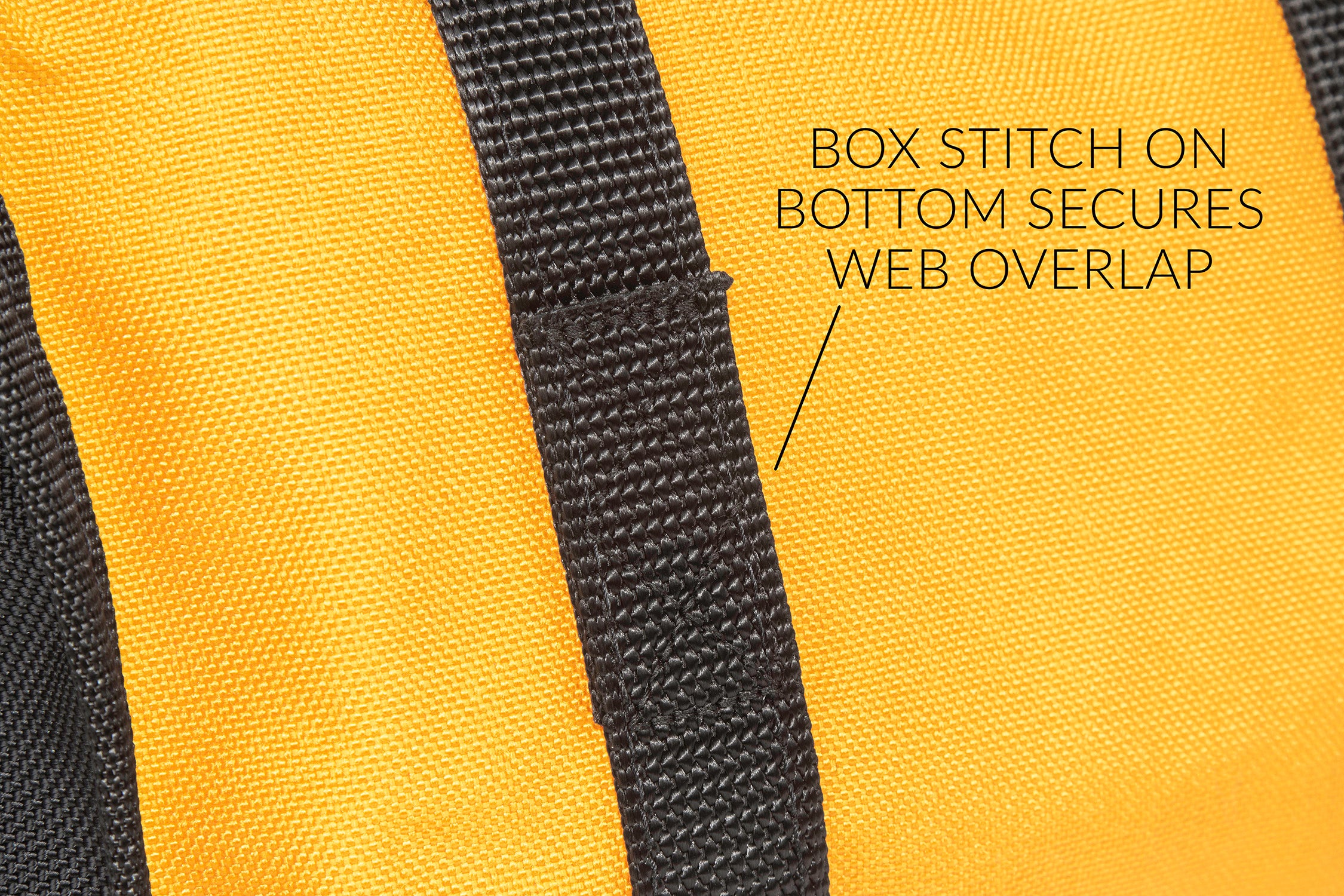 Box stitch on bottom secures web overlap.