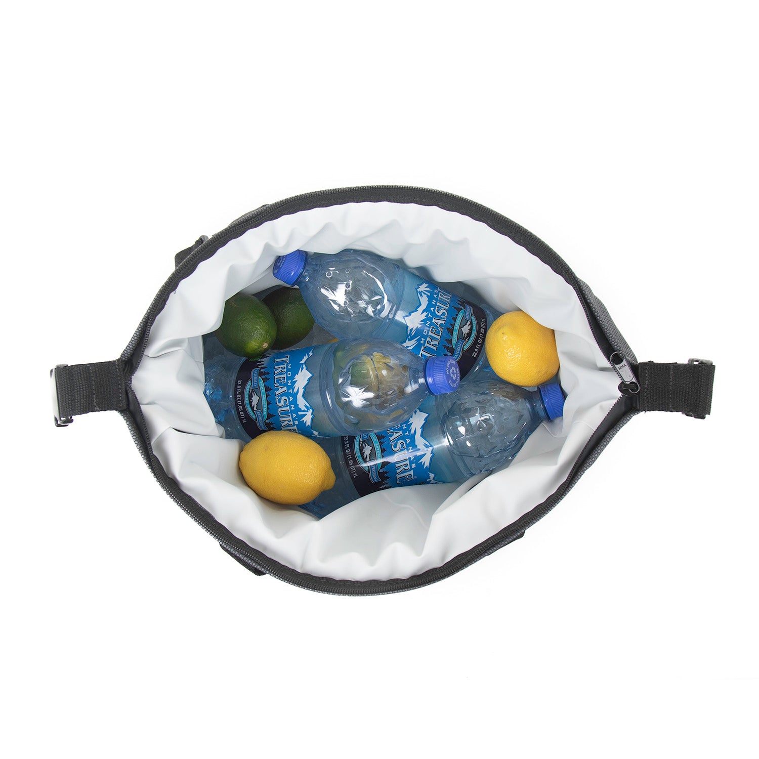 Top view with water bottles and limes and lemons