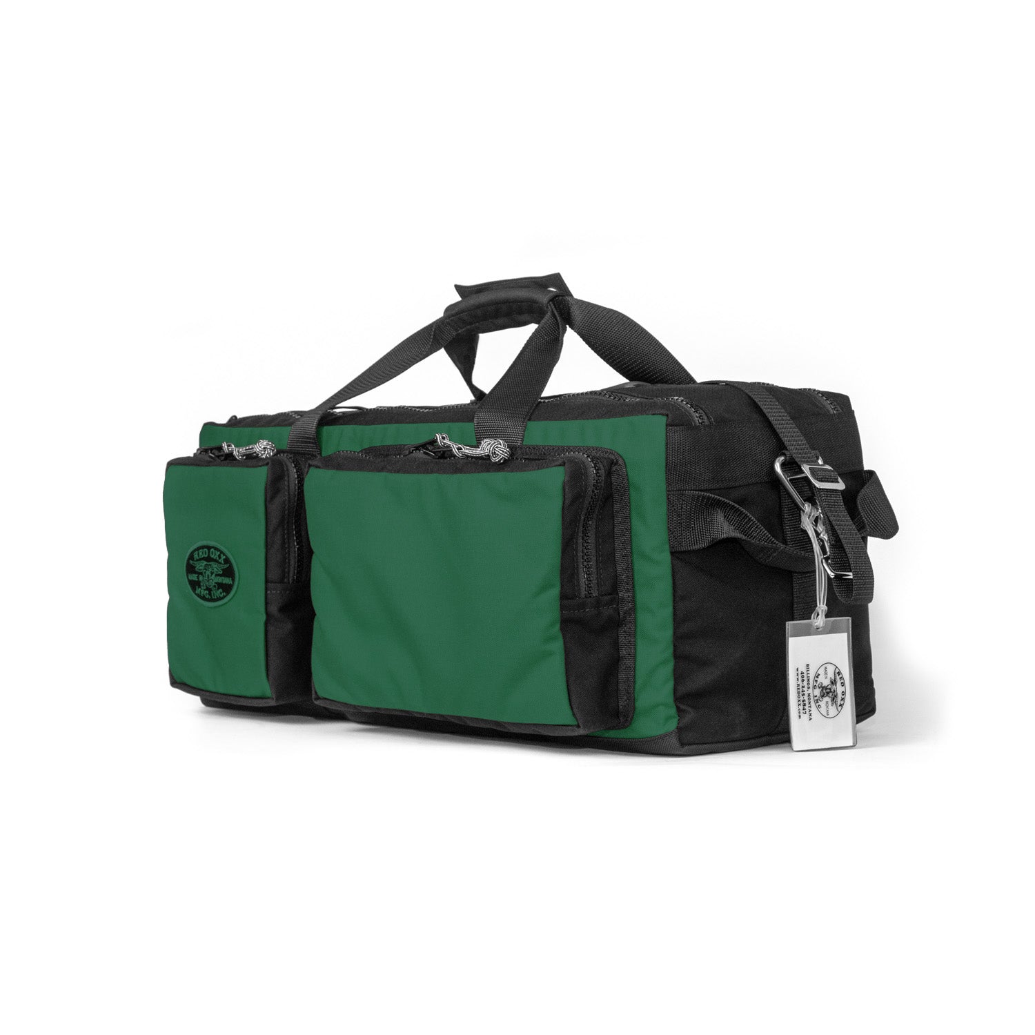 Flying Boxcar duffel with raised side pockets.  Each end has a grab loop handle.  Luggage tag and shoulder strap. 