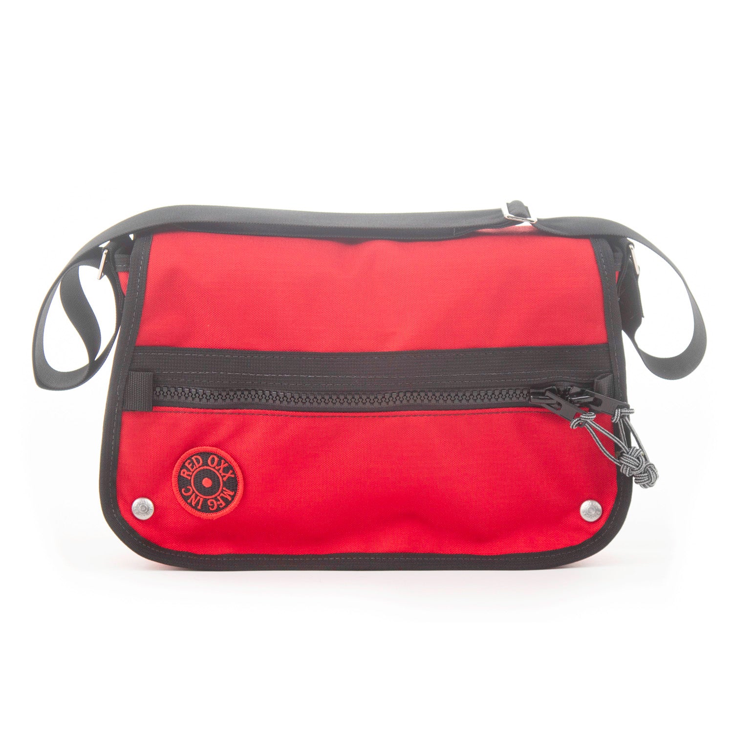 Full frontal view of mini messenger bag with Red Oxx logo. 