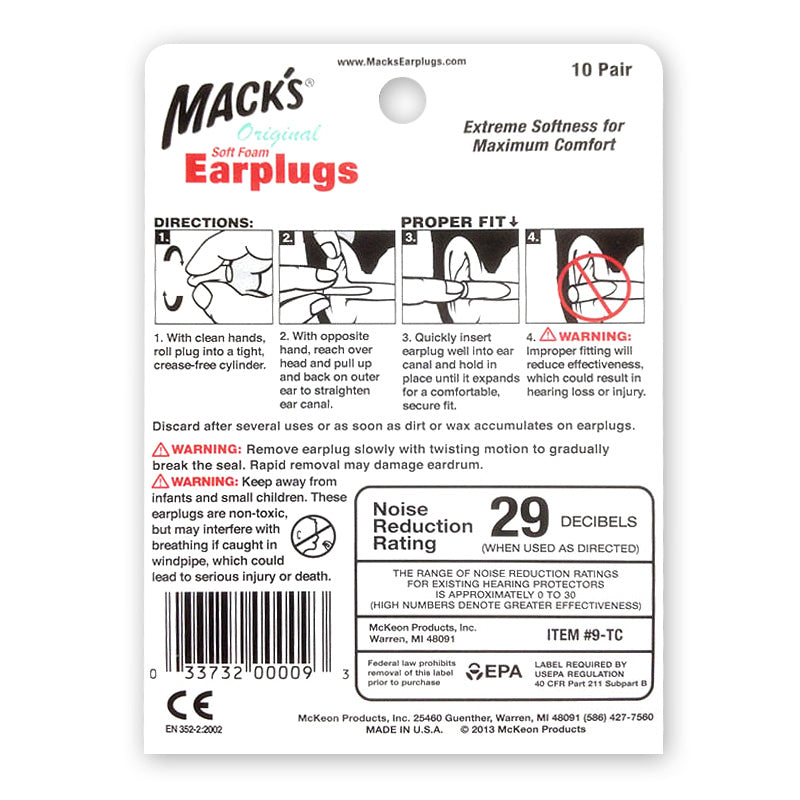 Instructions for Mack's original ear plugs.