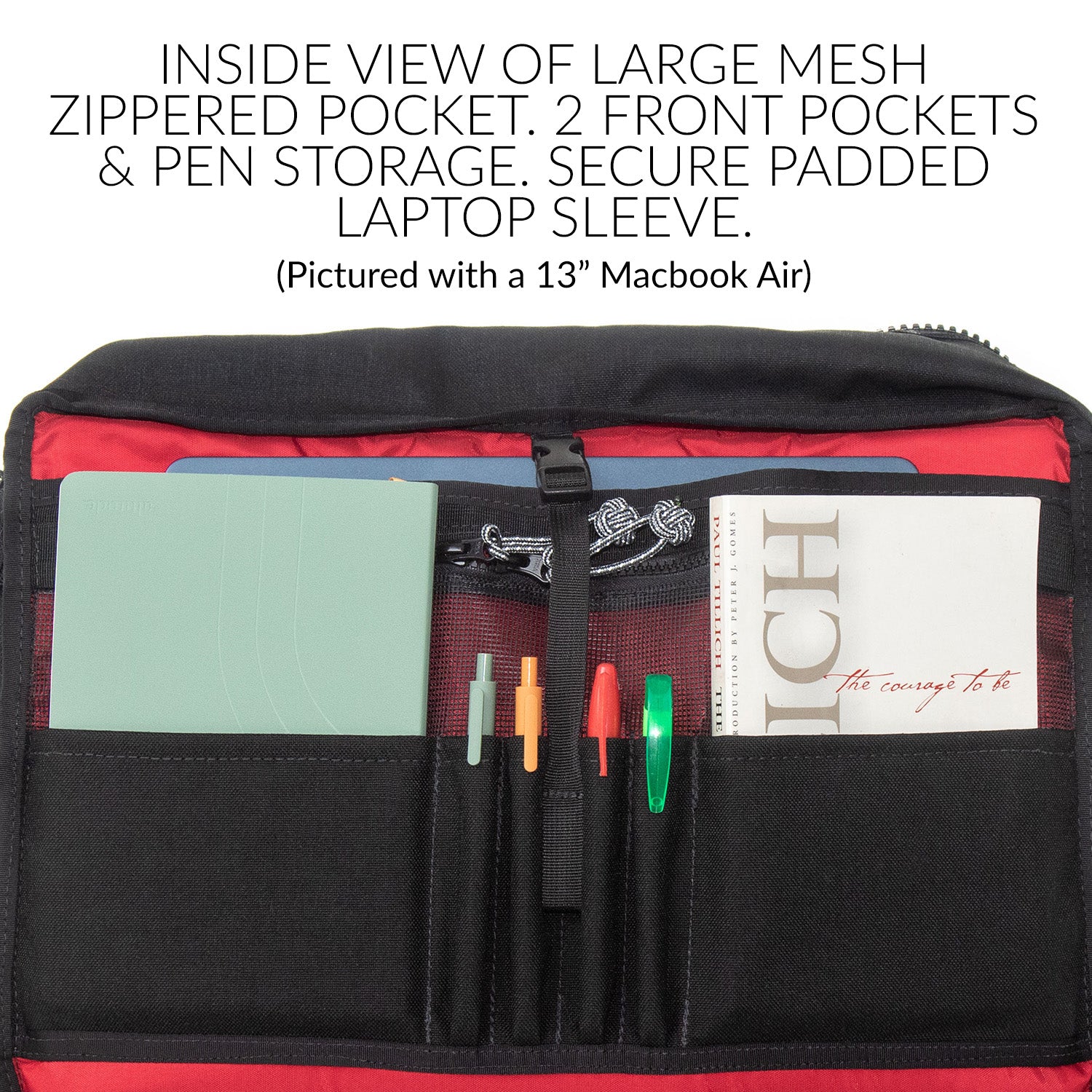 Inside view of large mesh zippered pocket.  two front pockets & pen storage . Secure padded laptop sleeve,  pictured with Macbook Air thirteen inch 