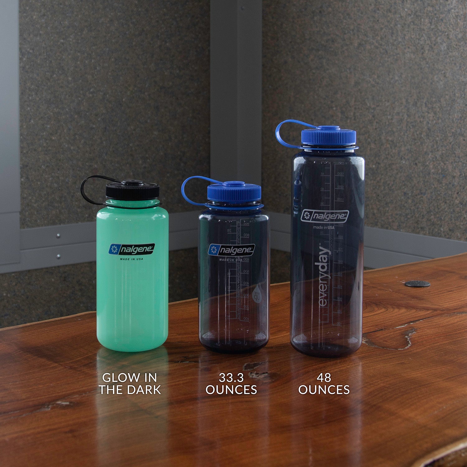 Nalgene group from left to right Glow in dark, 33.3 ounce, 48 ounce.