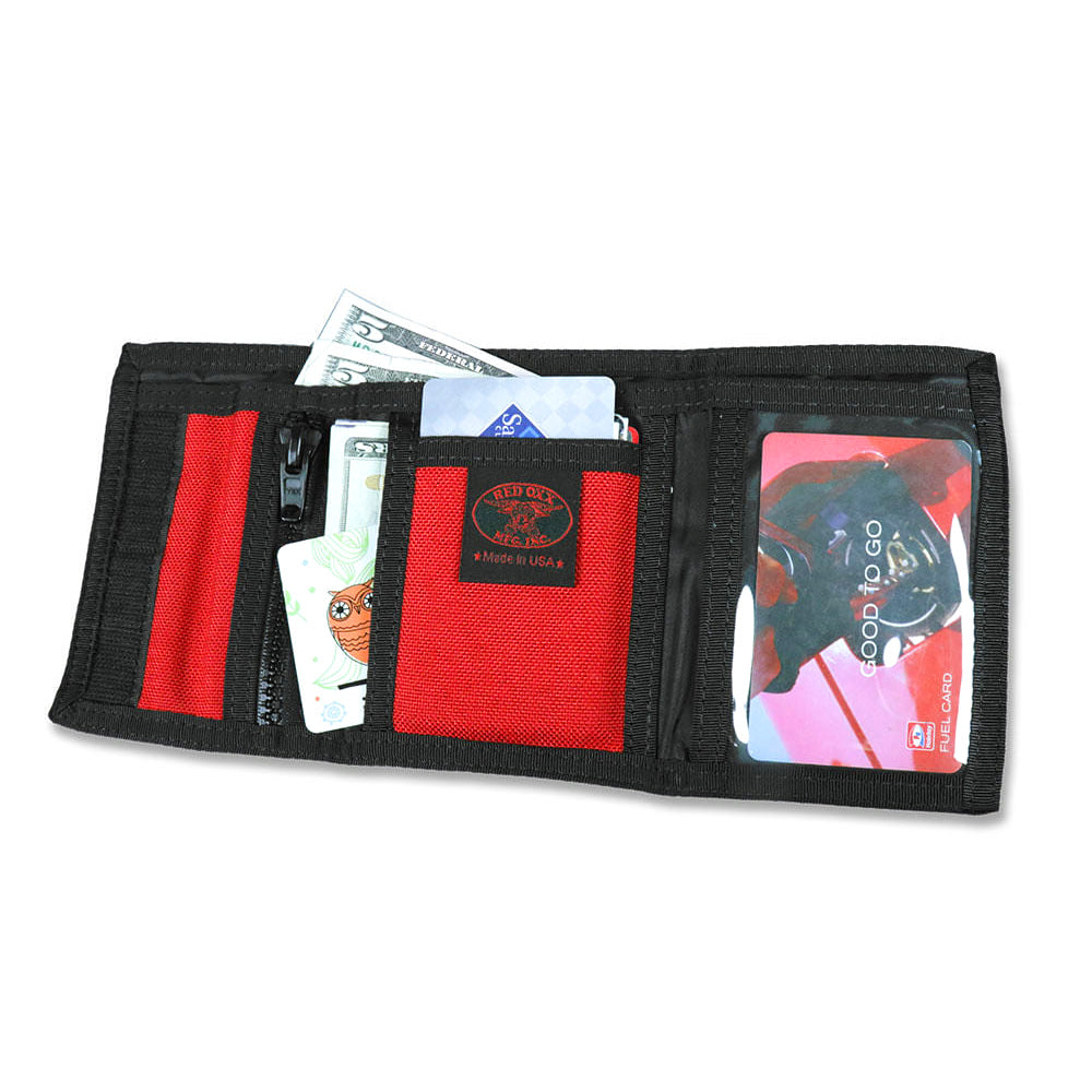 Rigger Wallet open . features zip pocket, slip pocket and see thru ID pocket. 