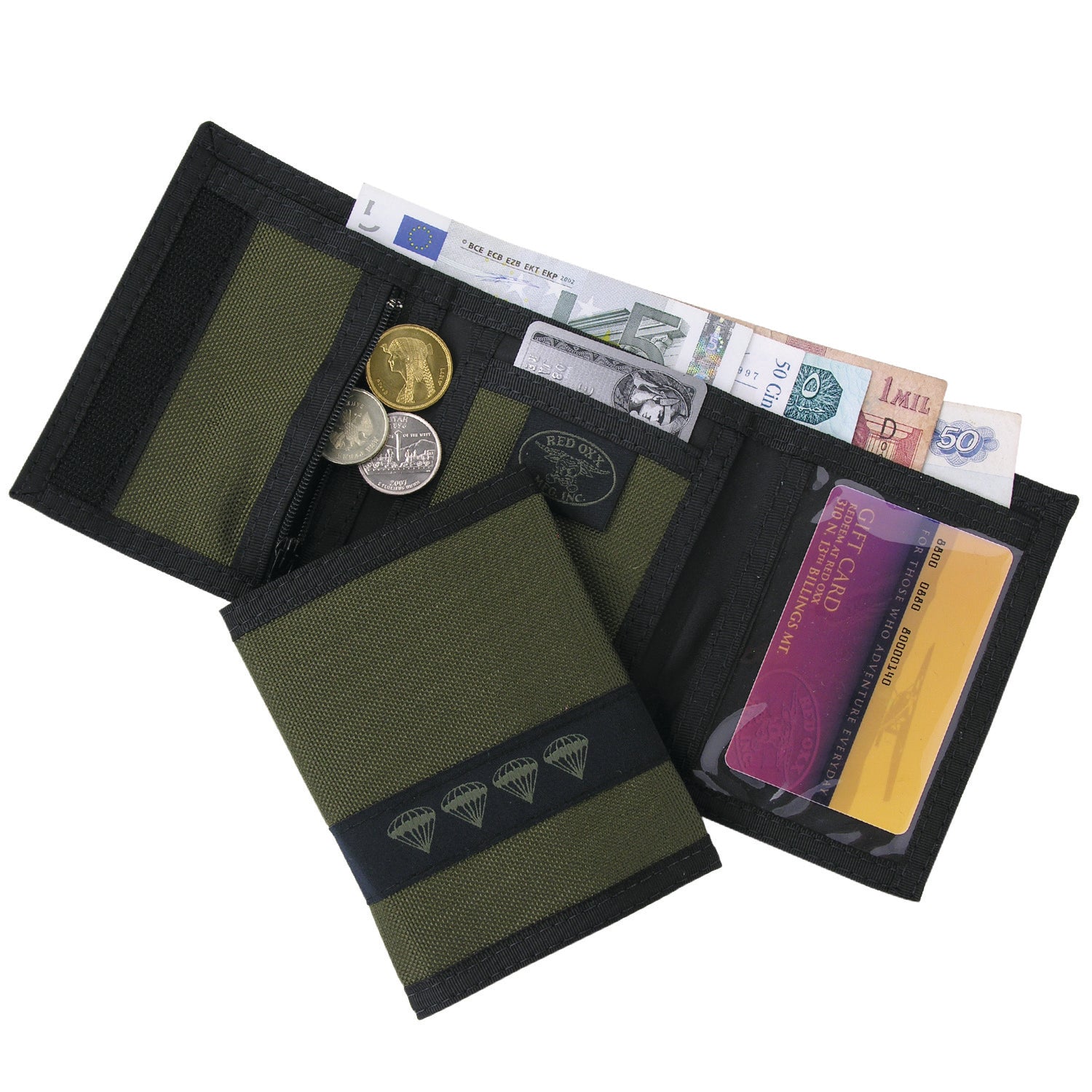 Wallet is sized to fit all bills and coins. 
