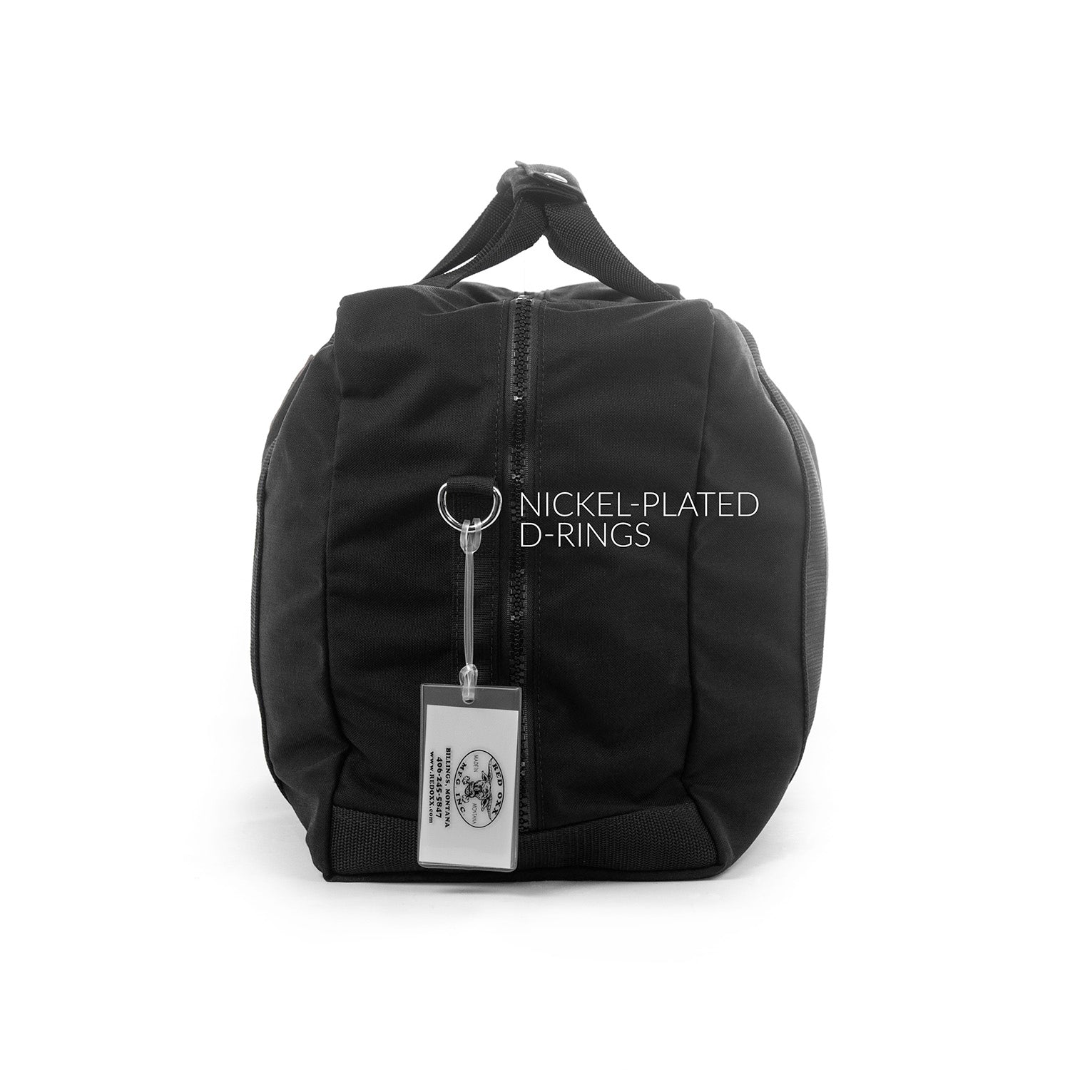 End view of Small Aviator Kit Bag, D Ring and Luggage tag- (Nickel Plated D-Rings)