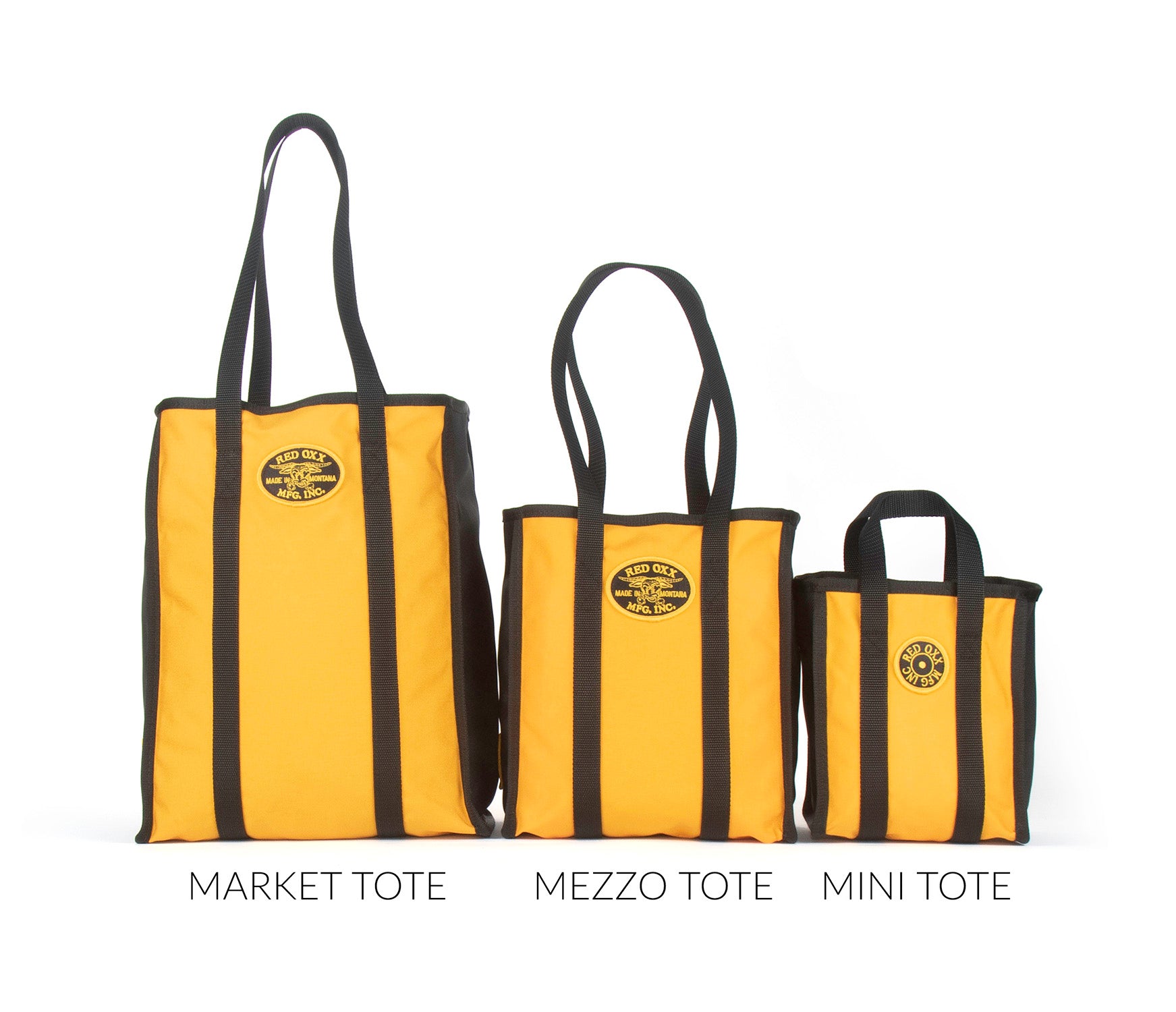 Tote bags comparison front view. From left to right Market Tote , Mezzo Tote , Mini Tote.
