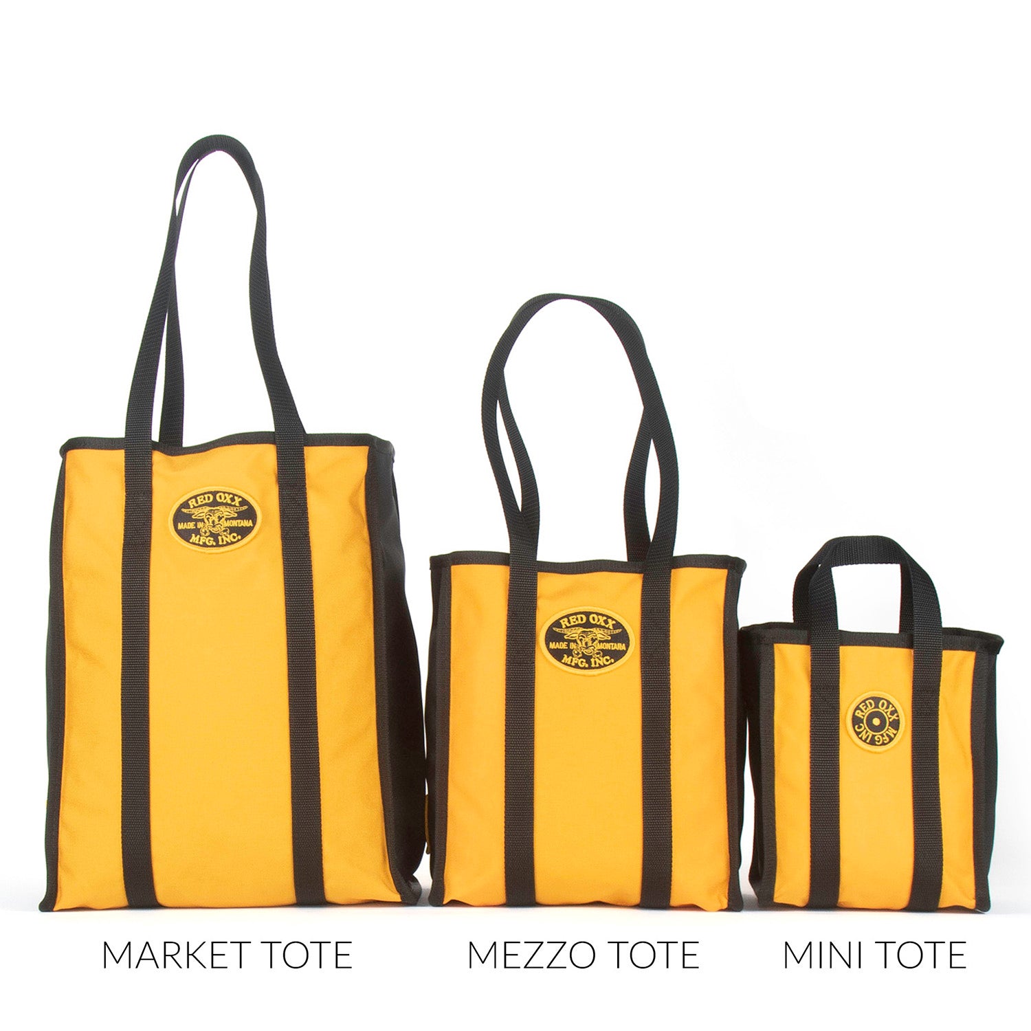 Tote Bag Comparison Front View from left to right.  Market Tote, Mezzo Tote, Mini Tote