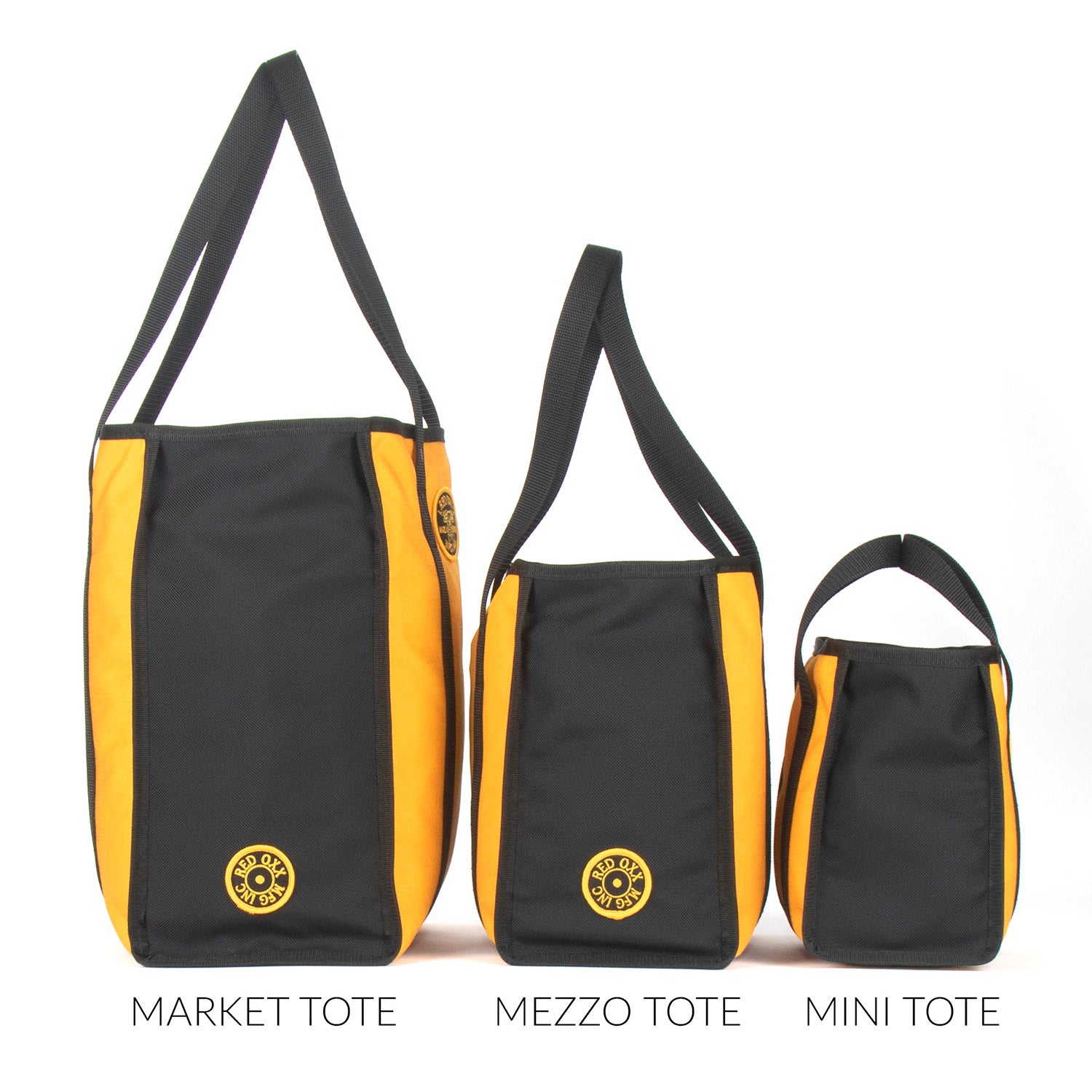 Tote bags comparison side view from left to right. Market Tote, Mezzo Tote, Mini Tote.