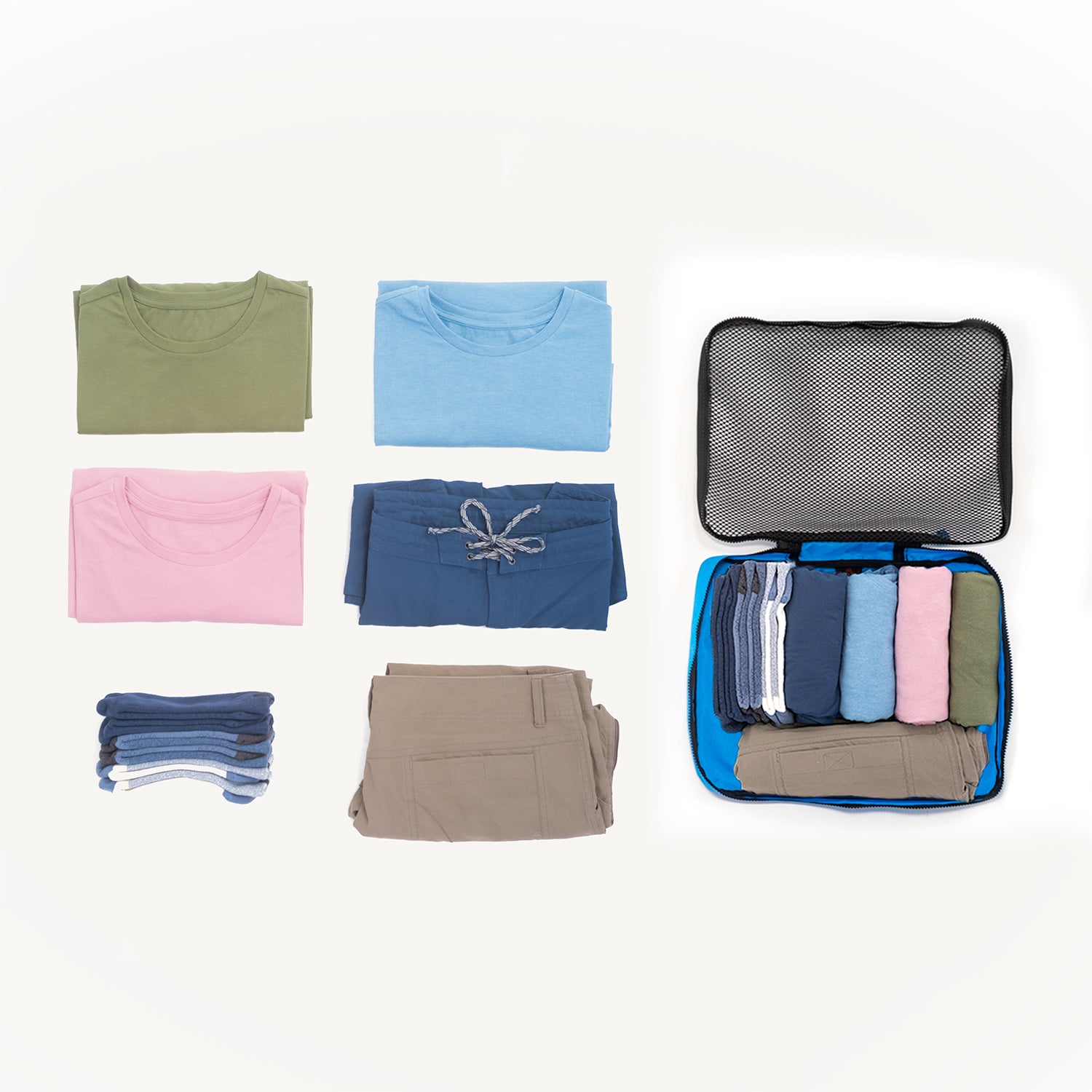 Kingfisher packing cube with sample clothes.  