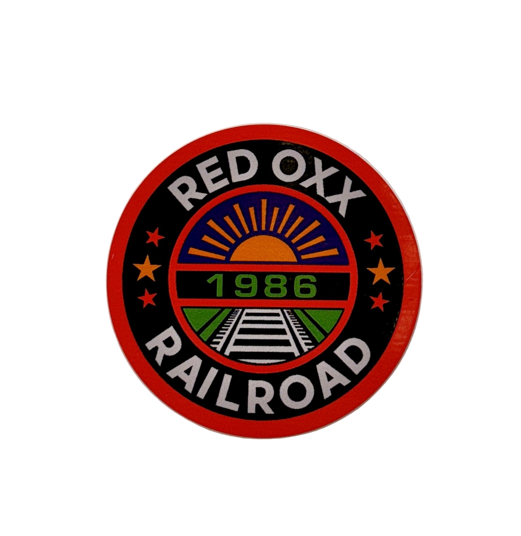 Round sticker with 'Red Oxx Railroad' text and design on a light gray background