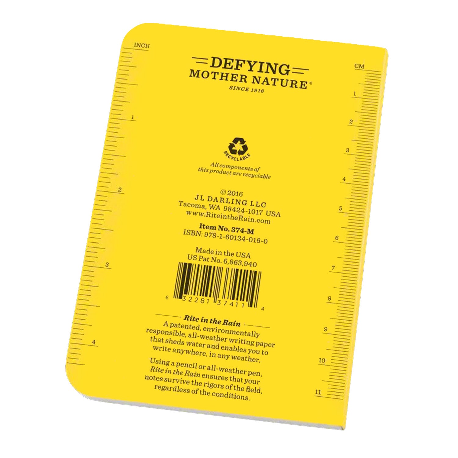 Back of Rite in Rain notebook with standard and metric measurements. 