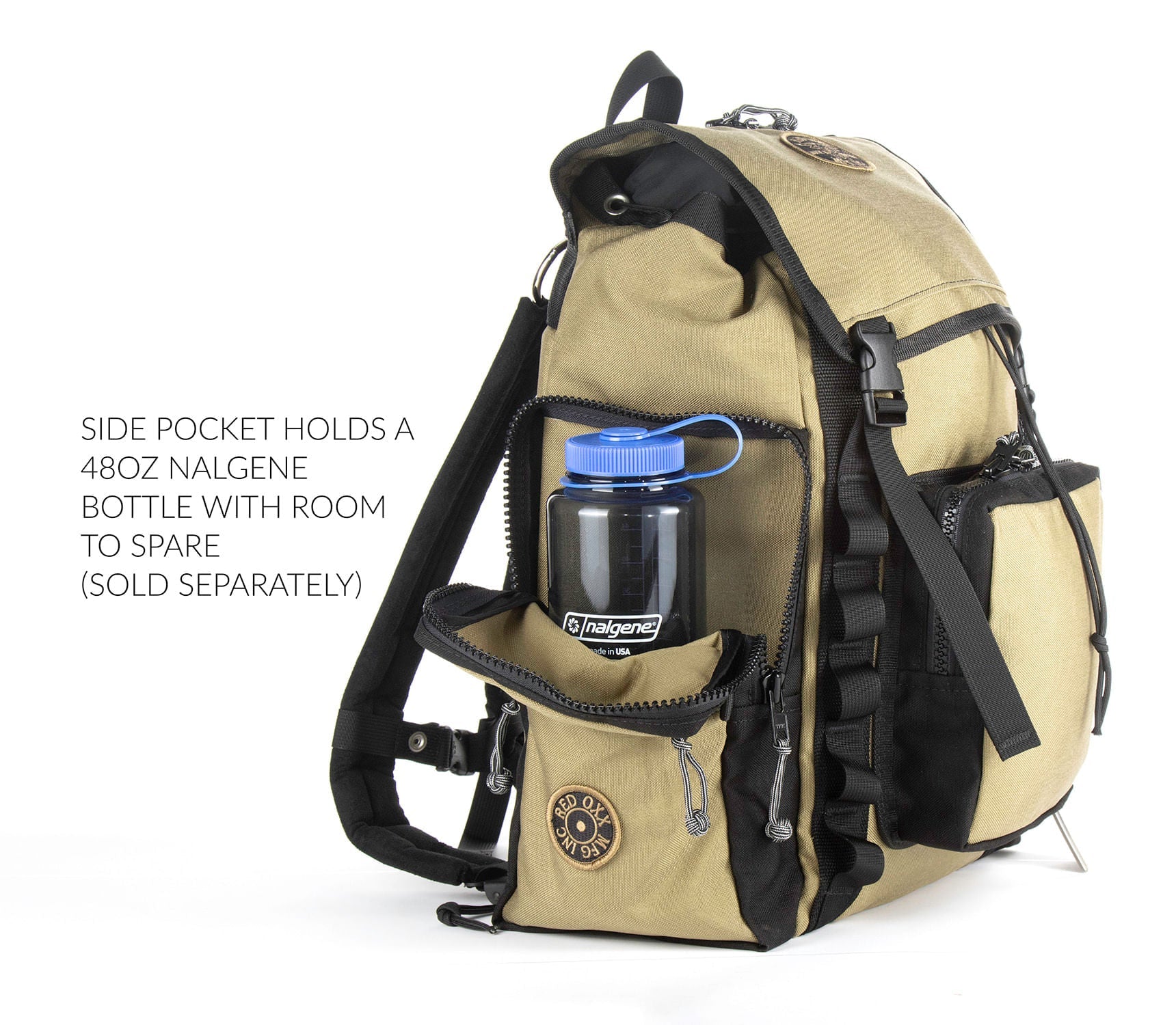 Side pocket holds a 48 ounce Nalgene bottle with room to spare.  Sold separately 