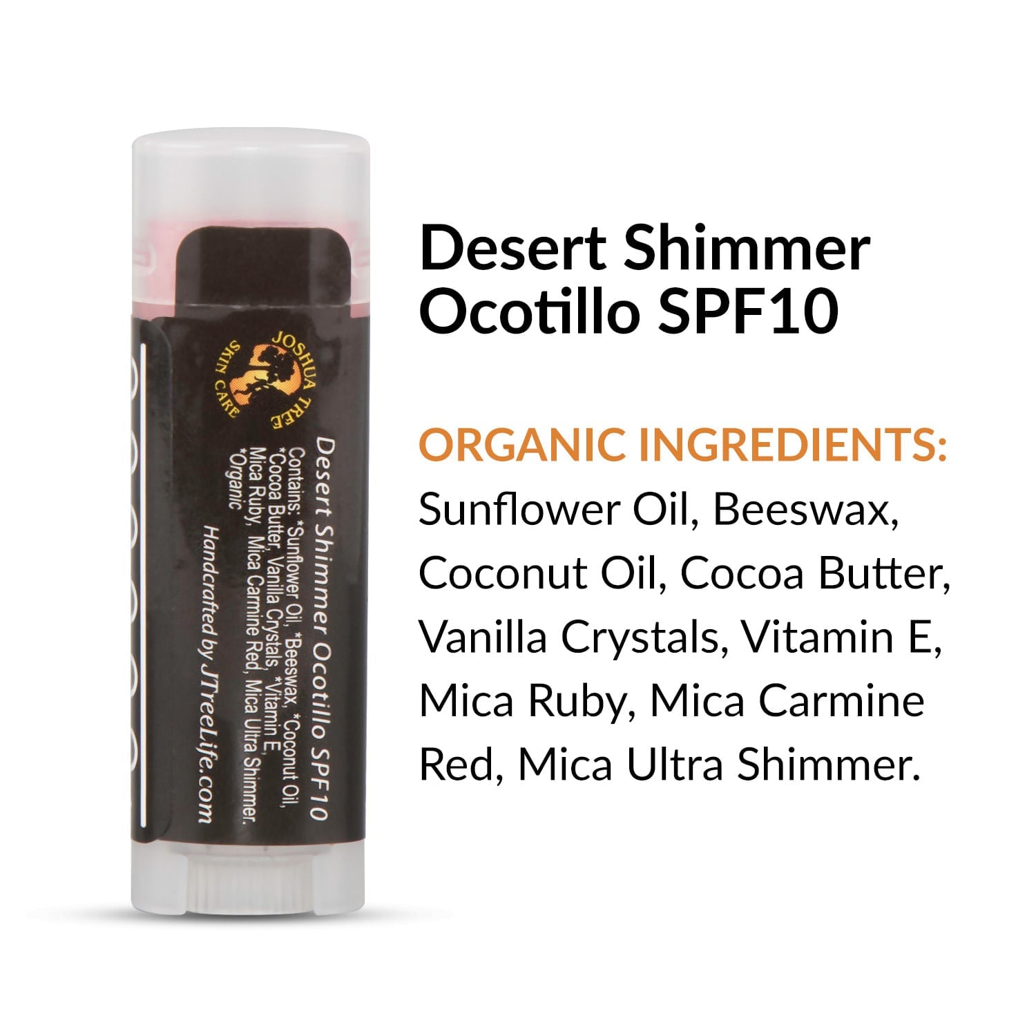 Sunflower oil, Beeswax, Coconut Oil, Cocoa Butter, Vanilla Crystals, Vitamin E, Mica Ruby, Mica Carmine Red, Mica Ultra Shimmer. 