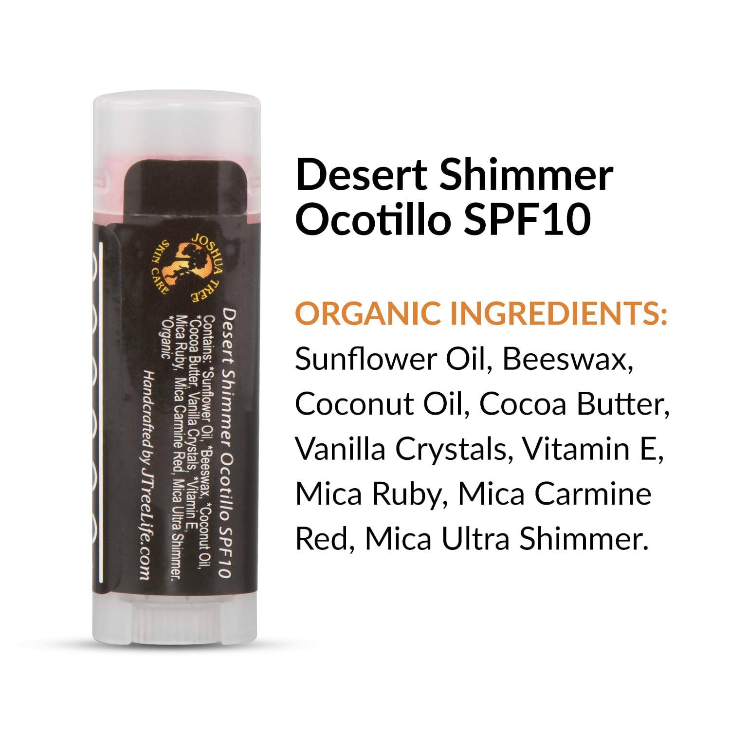 Sunflower oil, Beeswax, Coconut Oil, Cocoa Butter, Vanilla Crystals, Vitamin E, Mica Ruby, Mica Carmine Red, Mica Ultra Shimmer.