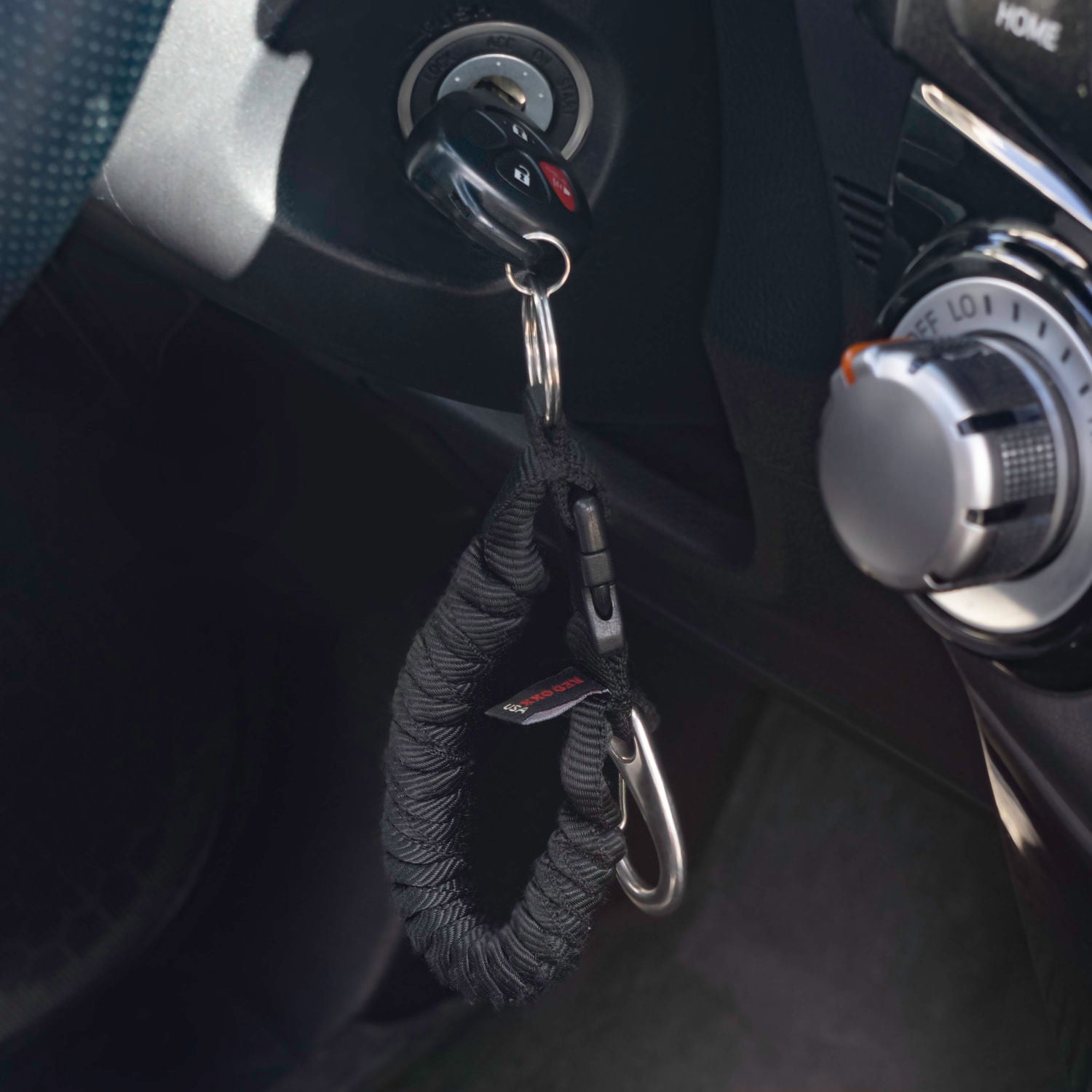 key chain in use with automobile ignition. 