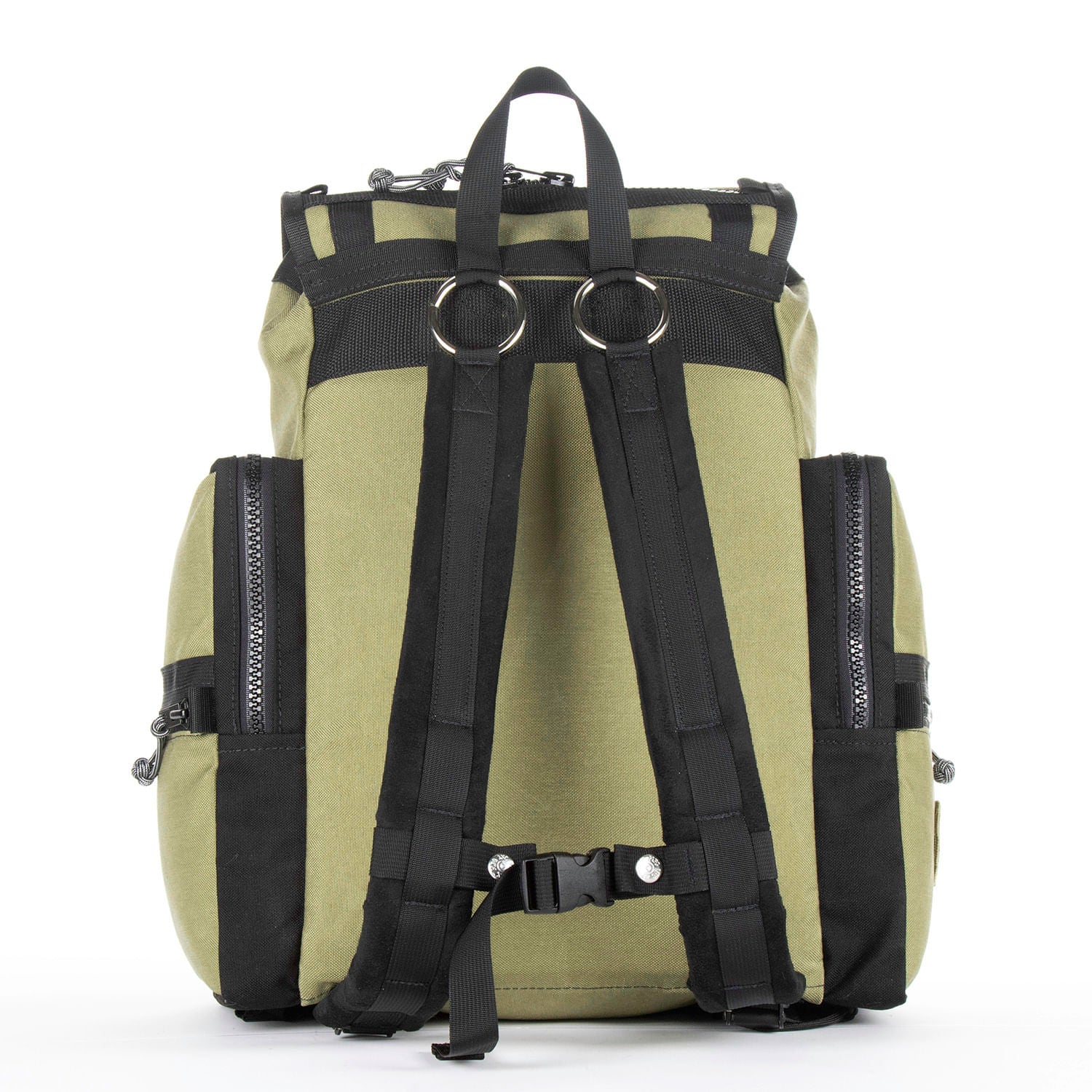back view with details like the grab strap/ hanging strap. adjustable chest strap with Fastex buckles and stainless steel snaps.