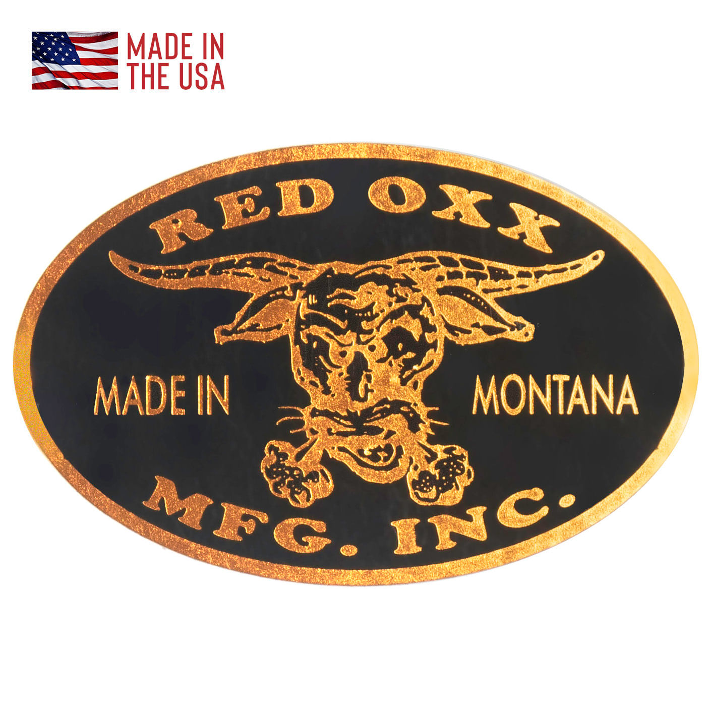 Mylar bumper sticker with bronze Red Oxx logo.