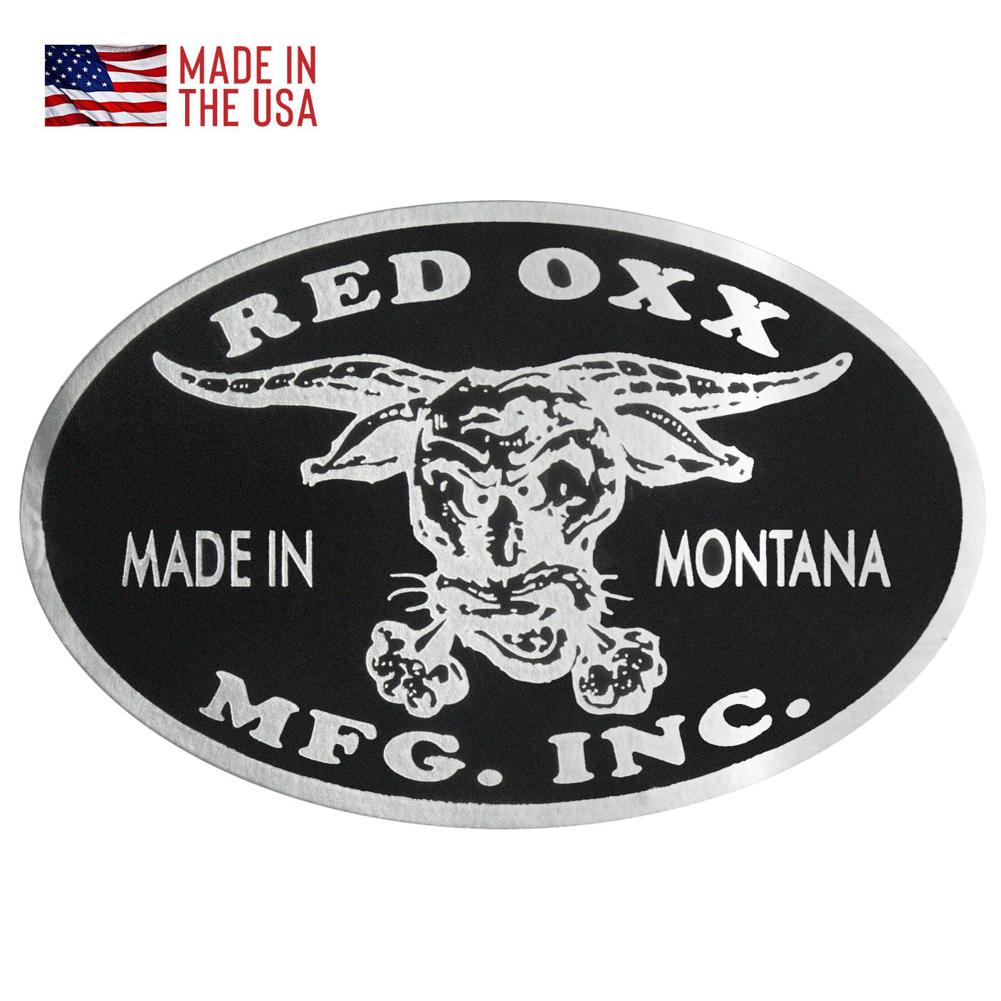 Mylar bumper sticker with silver Red Oxx logo. 