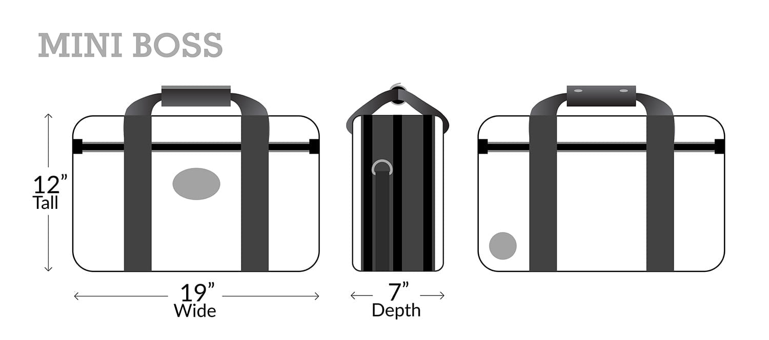 Mini Boss measurements 12 inches tall x 19 inches wide x 7 inches depth. 