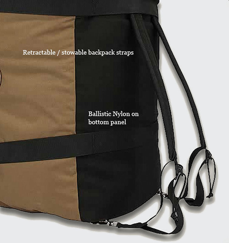 Retractable / stowable backpack straps , ballistic nylon on bottom panel