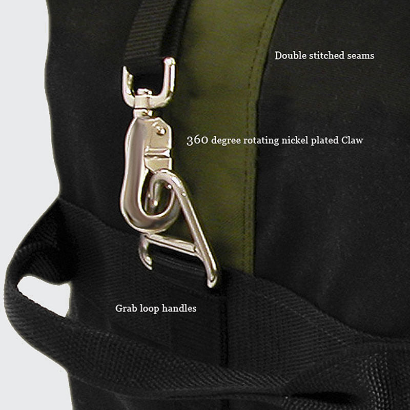 Double stitched seams, 360 degree rotating nickel plated claw, grab loop handles. 