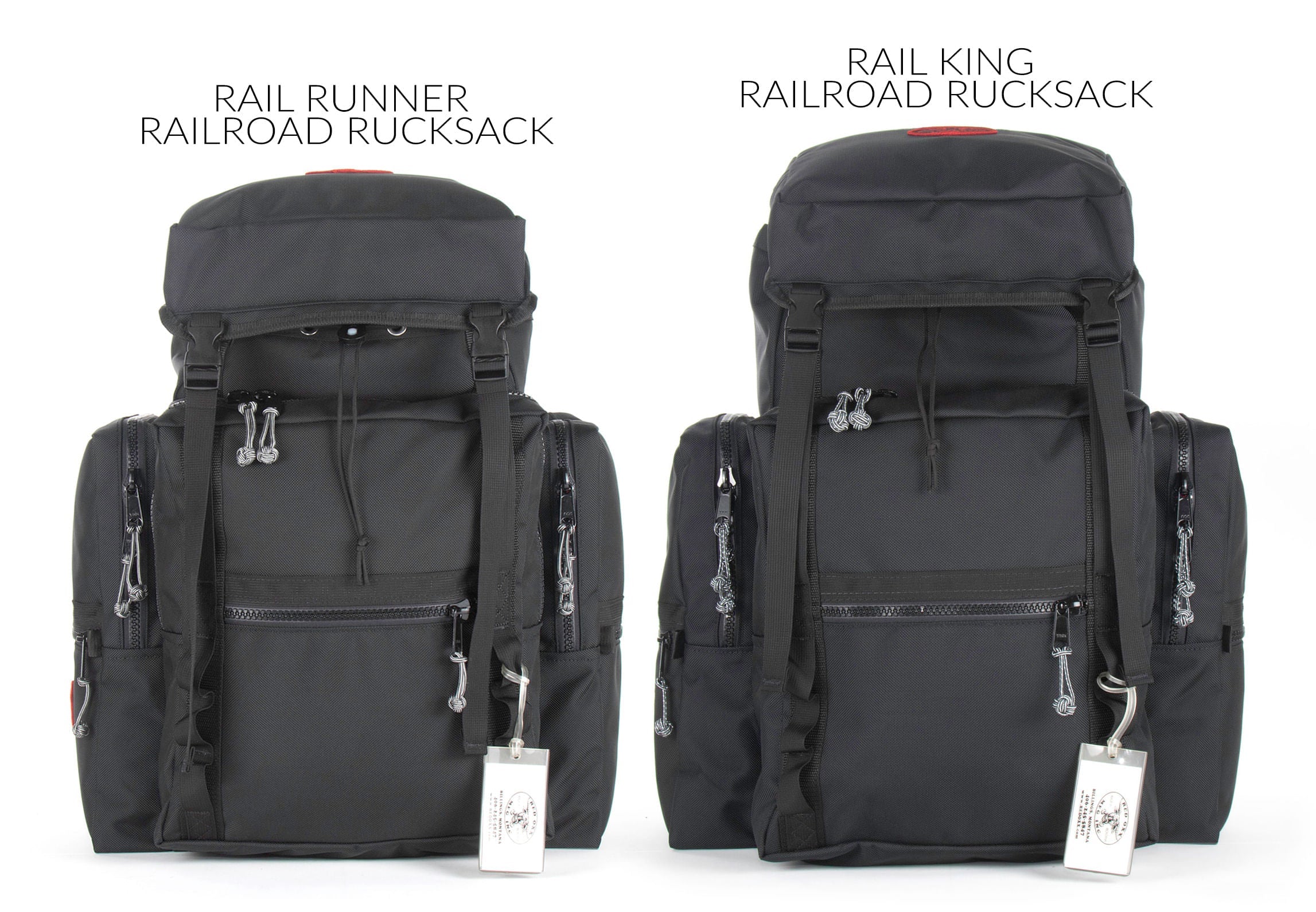 size comparison from left to right Rail Runner - Rail King Rucksack. 