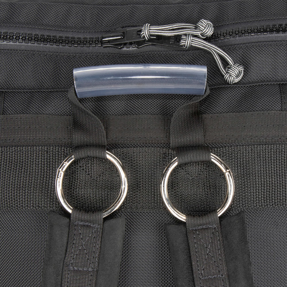 Close up view of Grab loop and O ring shoulder strap attachments. 