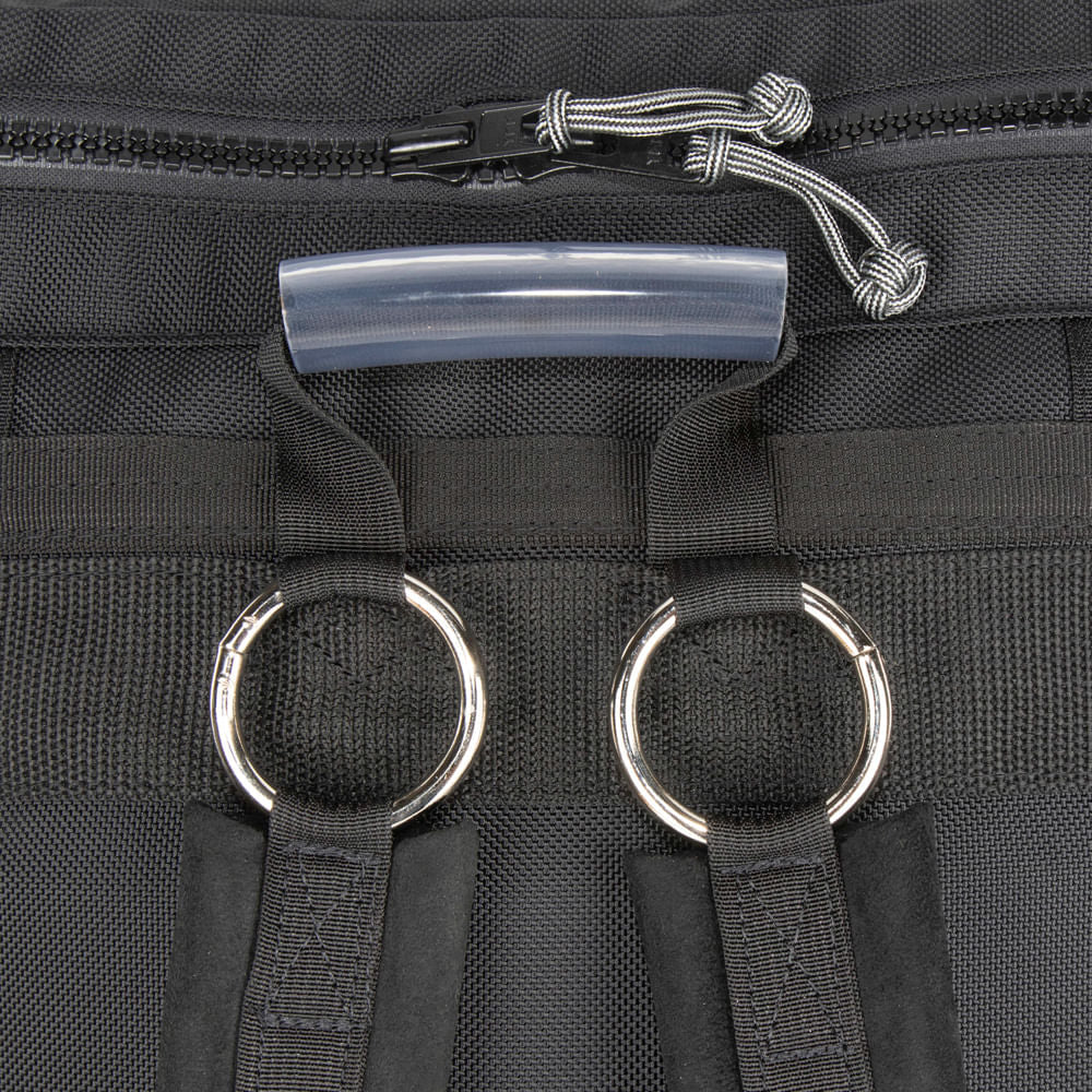 Close up view of Grab loop and O ring shoulder strap attachments.