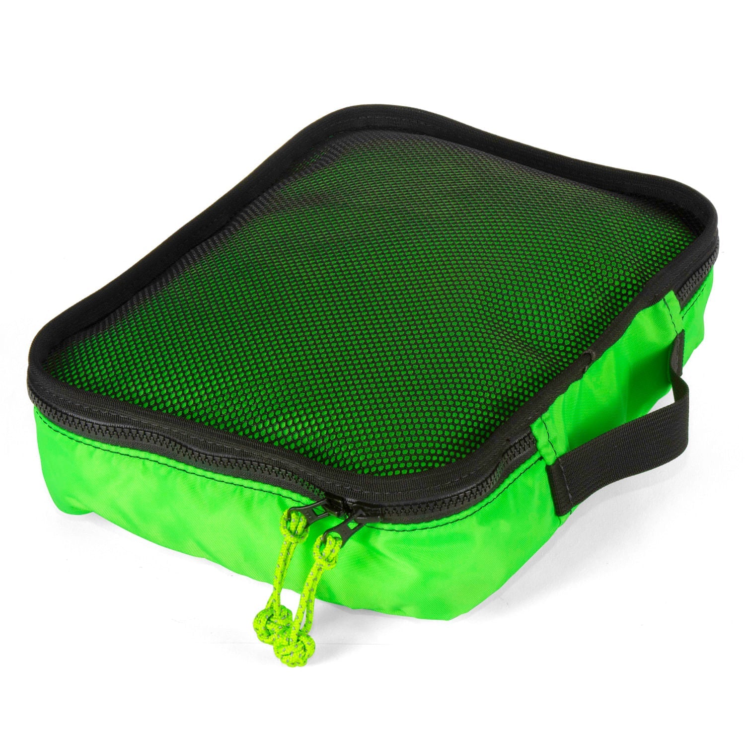 Packing cube with monkeys fist zipper pulls and mesh top.