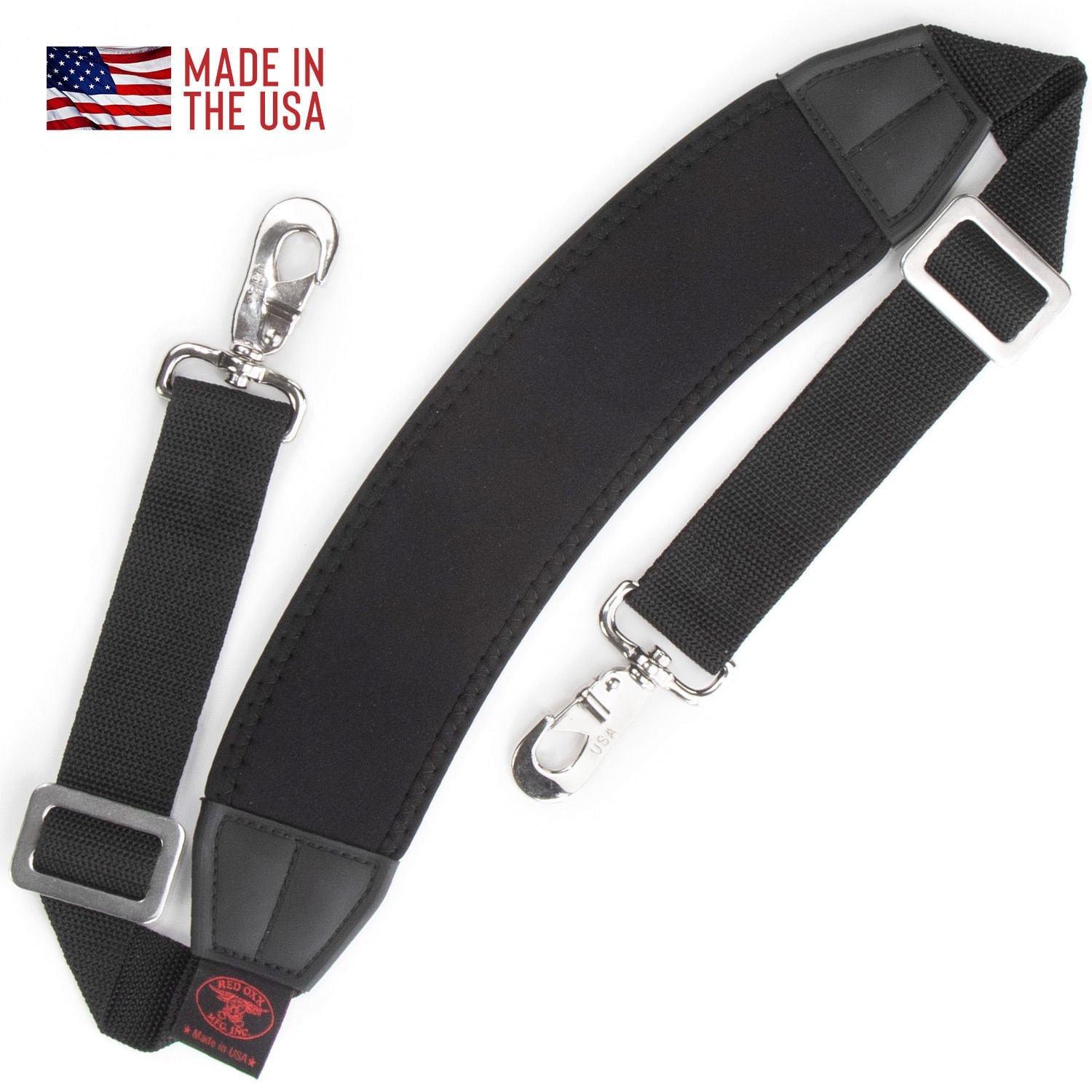 Long Hauler shoulder strap with metal hardware.  Three hundred and sixty degree swivel clip for attachment.  Wide comfortable neoprene should pad with ergonomic curve. 