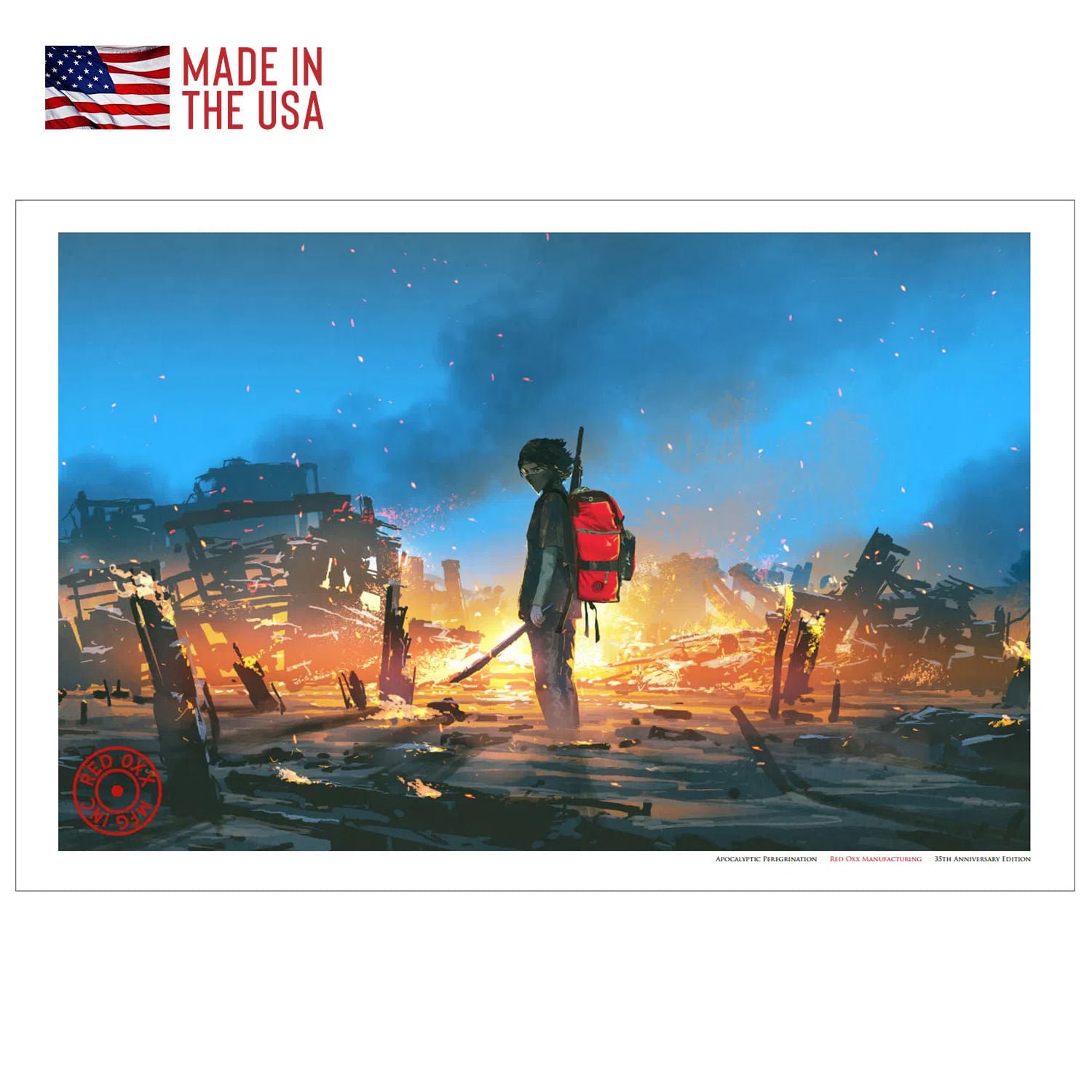 Scene depicts fictional character with a sword in hand wearing a Red Oxx Rucksack