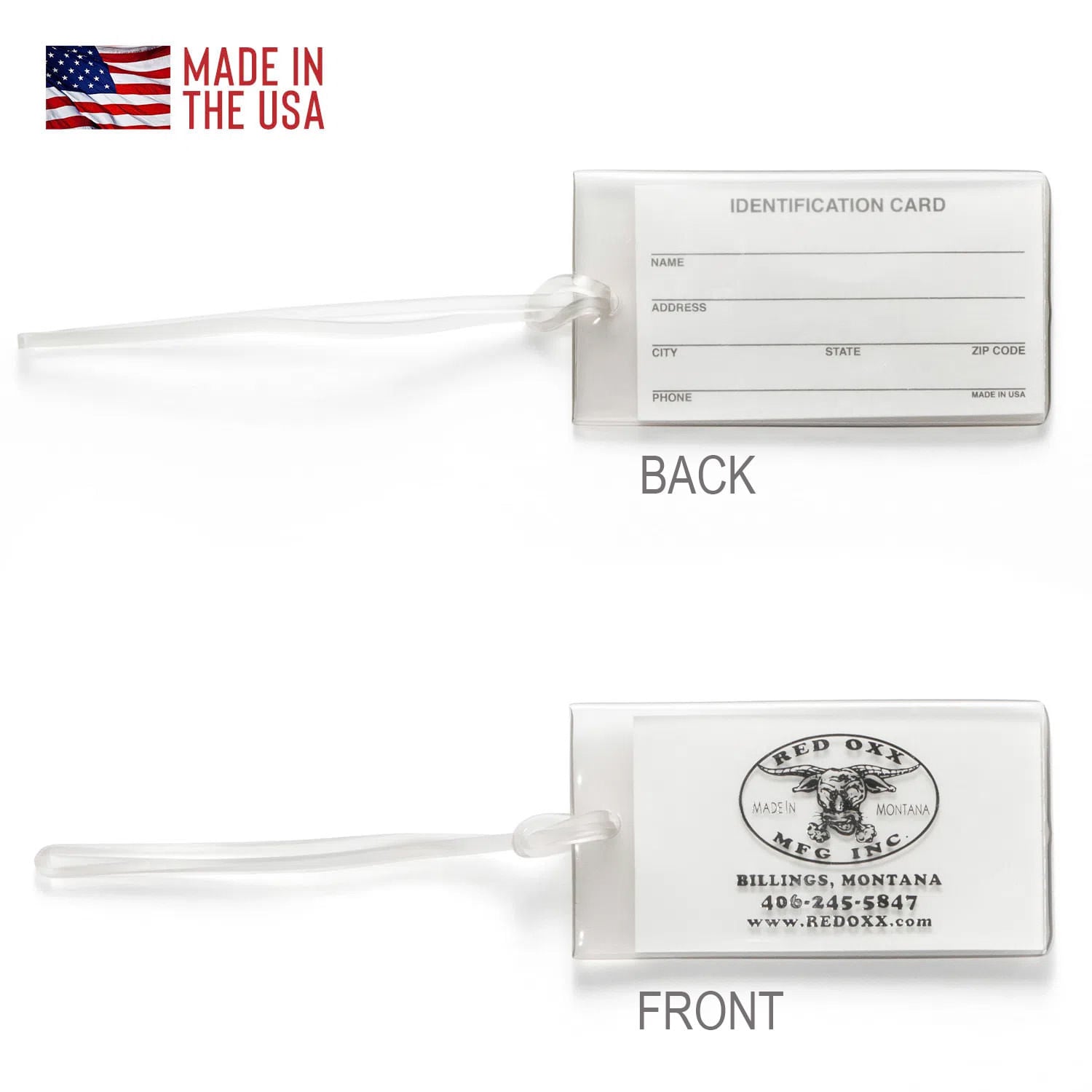 Front and Back view of the luggage tag with information card. 