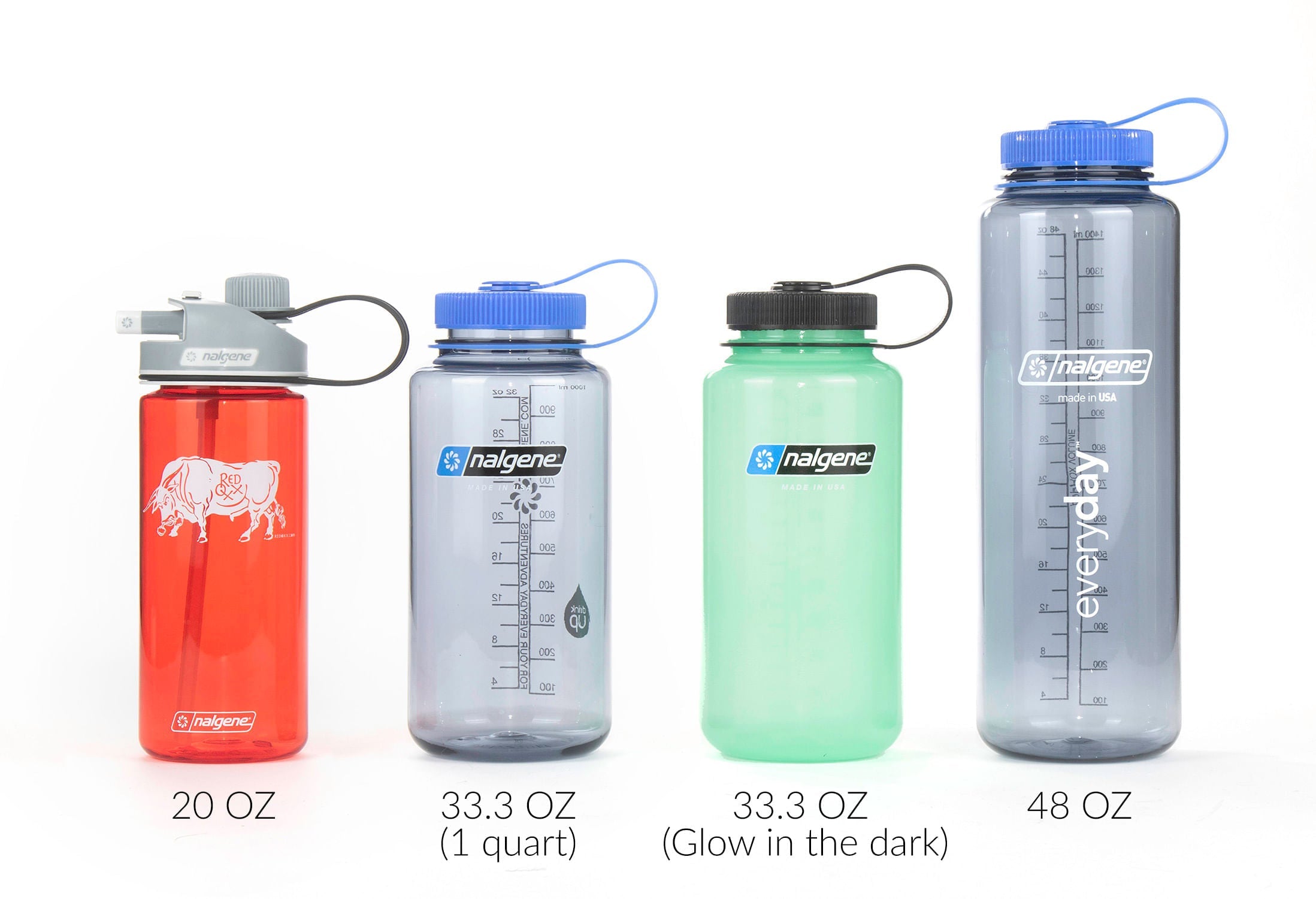 Nalgene water bottle group.  from left to right.  20 ounce, 33.3 ounce, 33.3 ounce glow in dark , 48 ounce 