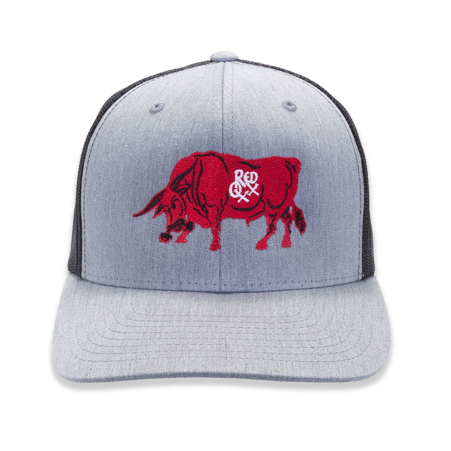 Embroidered Trucker hat with Red Oxx woodcut image. 