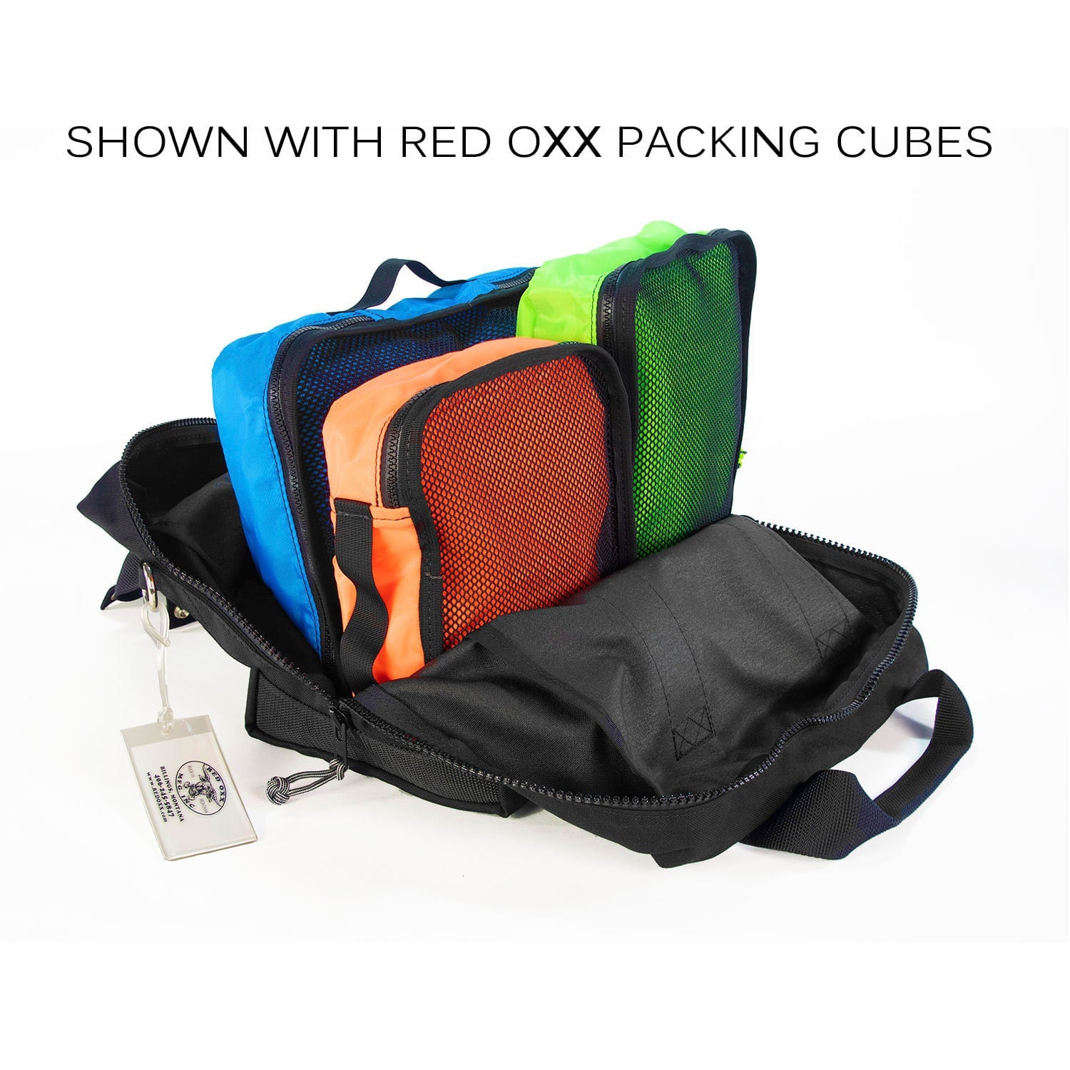 Red Oxx extra small aviator kit bag with Red Oxx packing cubes for size reference. 
