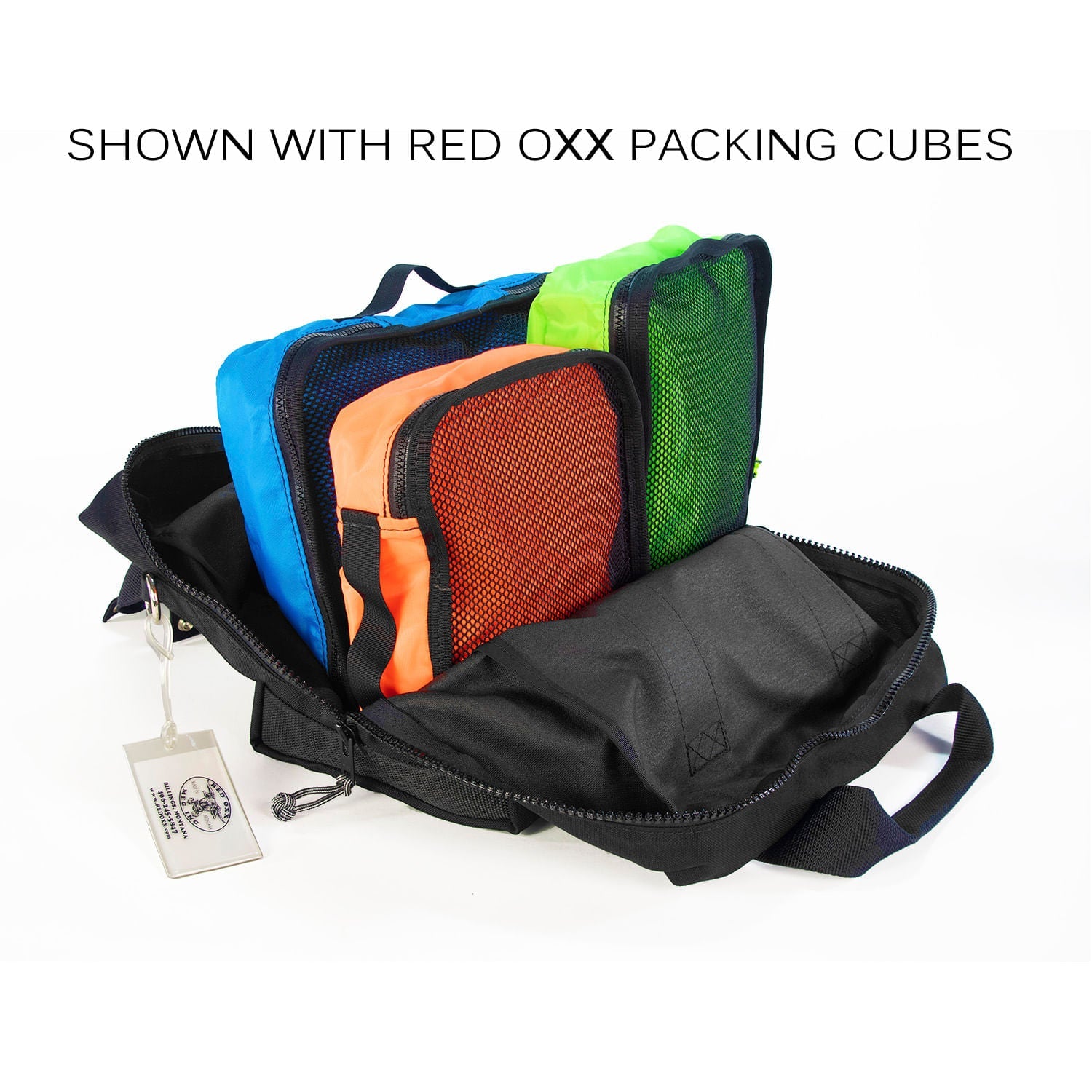 Red Oxx extra small aviator kit bag with Red Oxx packing cubes for size reference.