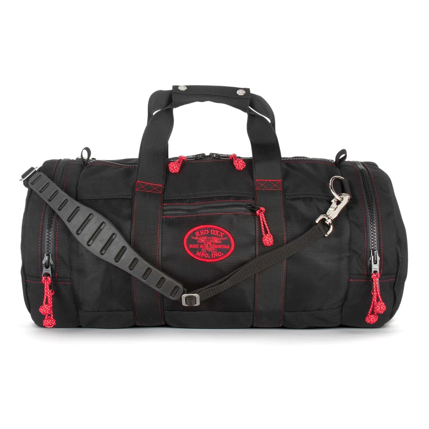 Front view of bag with Red Oxx logo and Red Double Box X stitching details.