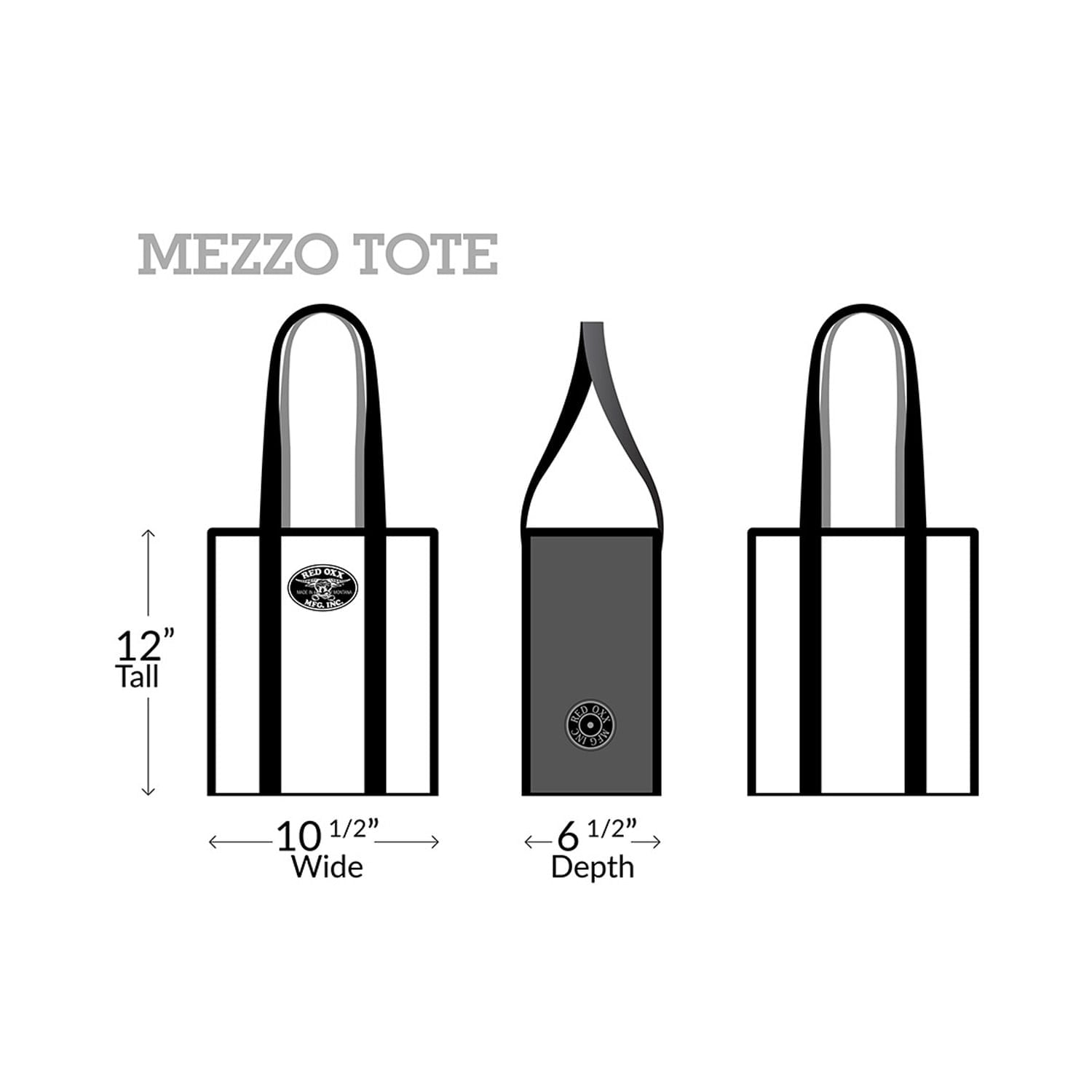 Made in USA Medium Size Shopping Tote. Red Oxx Mezzo Tote measurements 12 Inches tall x 10.5 inches wide x 6.5 inches depth