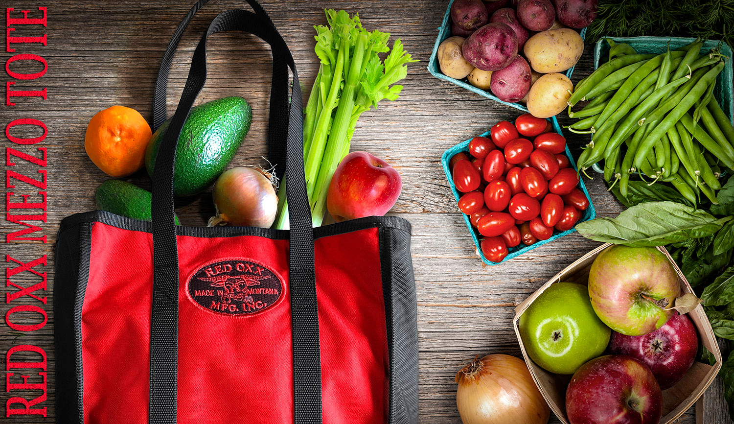 Made in America Ballistic Nylon Red Tote BAg. Red Oxx Mezzo Tote with veggies.