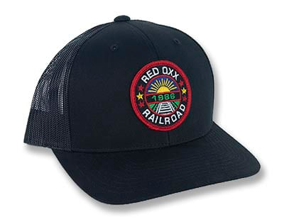 Red Oxx railroad patch hat 3/4 view shows mesh back. 