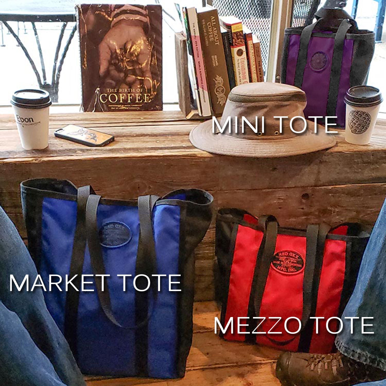 Mini durable tote bag. Made in America. Market Tote in Midnight with Mezzo Tote in Red , Micro Tote Iris